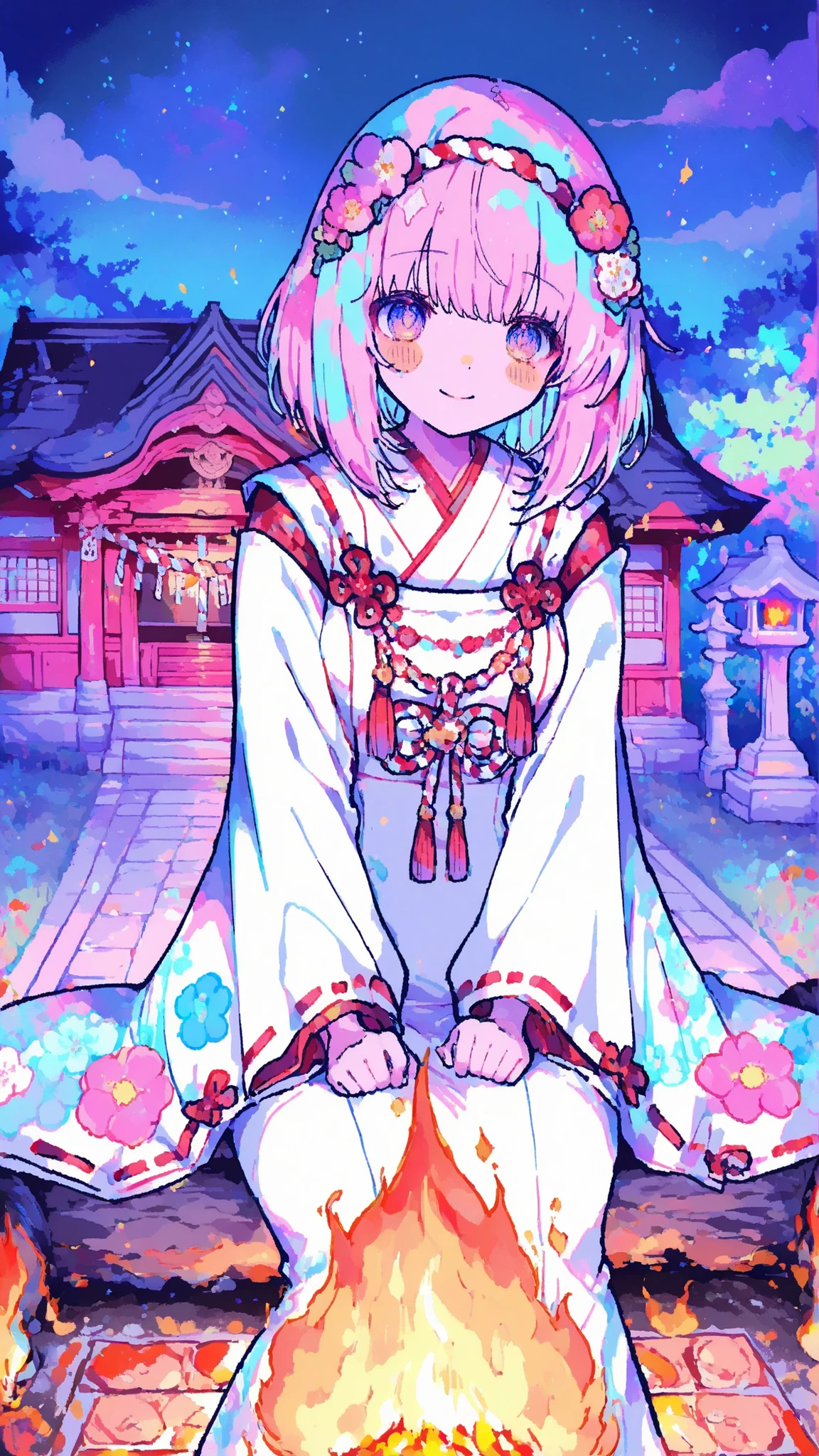 sacred fire festival,campfire,shrine,Shrine Maiden Suit,woman,night,colorful,flashy,Actions,dynamic,anime,masterpiece,top quality,great quality,very beautiful,Newest,