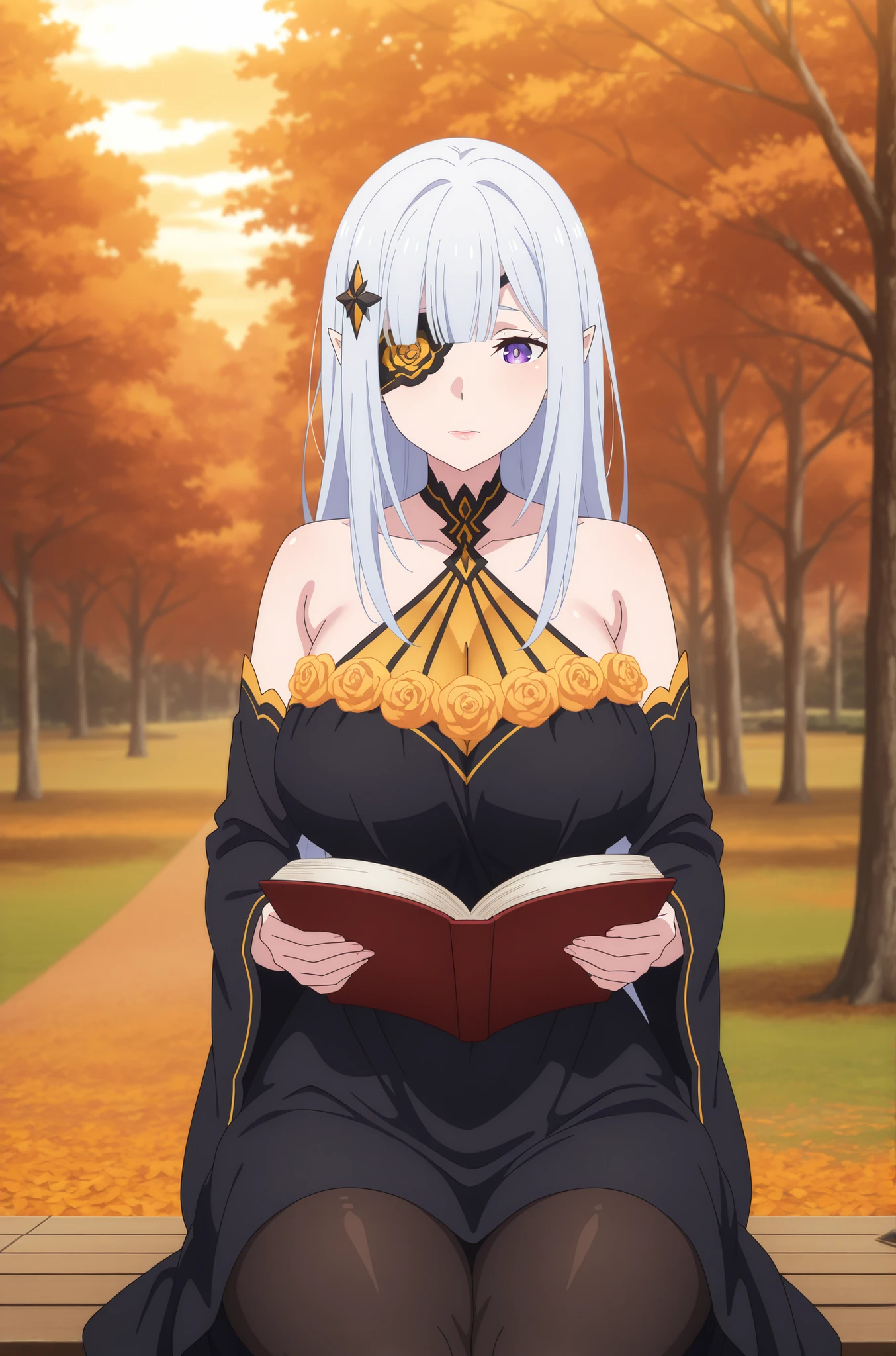 anime screencap, anime coloring, detailed face, masterpiece, best quality, very aesthetic, absurdres, volumetric lighting, adult ReZero, Solo, Satella-God, Anime, 1girl, Mature adult Female, long hair, pointy ears, hair ornament, silver hair, lips, purple eyes, medium breast, big breasts, glamorous bodies, attractive bodies, big Curvy, Slutty, Neat, high body,  closed mouth, one eye covered , eyepatch ,sleeveless black dress, (yellow or orange) rose, halterneck, bare shoulders, detached sleeves, black thighighs, standing , both holding Bible book jesus cross, reading, looking at books, lips, standing , sitting on a park, cowboy shot , autumn , scenery , forest , tree , day , photo background , sunset, blurry background, 