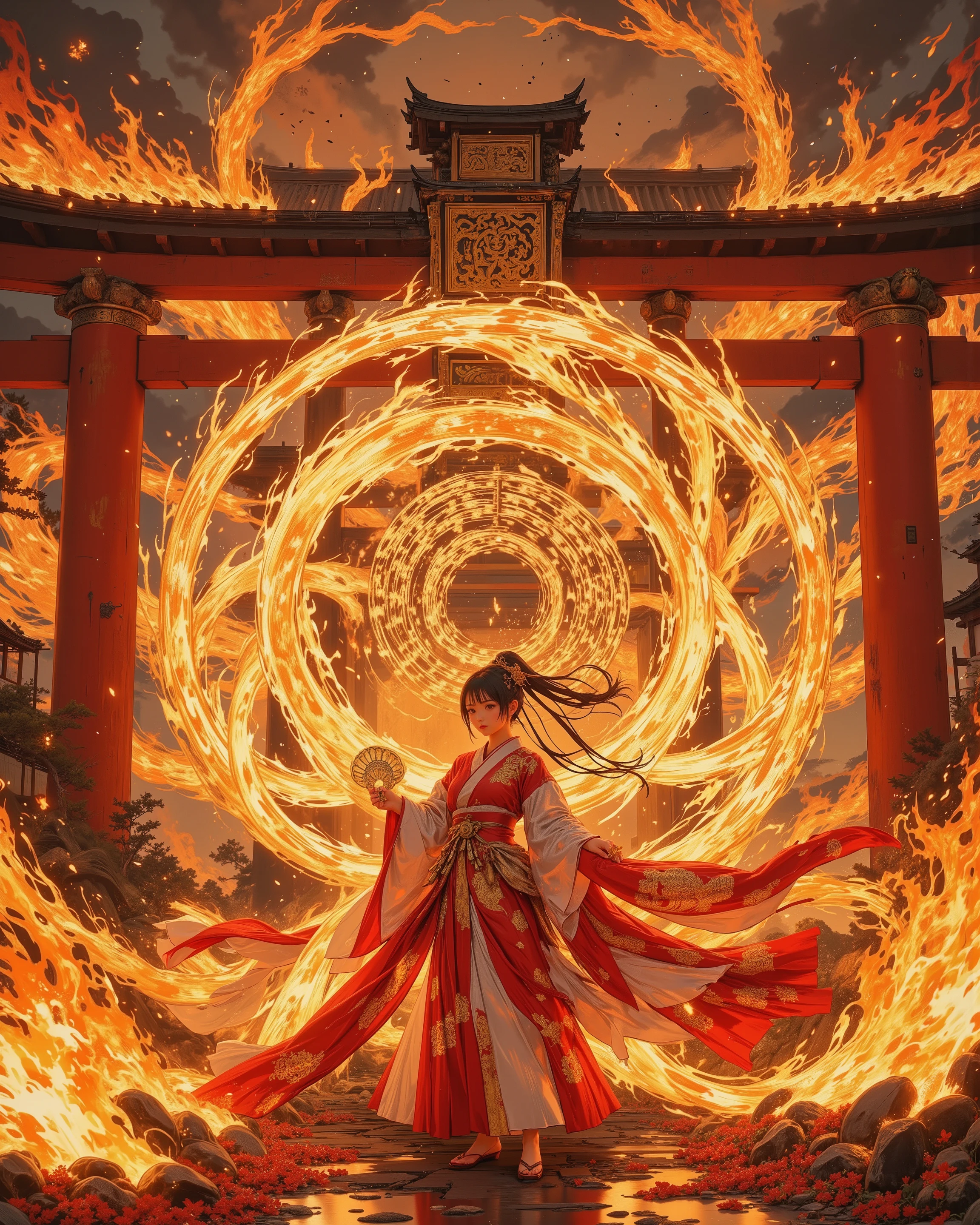 FLUX style, ultra-detailed panoramic cinematic masterpiece -- A grand fire festival unfolds beneath a twilight sky, where countless sacred flames rise in harmony with the night. Towering bonfires blaze across the horizon, their golden sparks drifting upward like endless constellations. Rivers of fire weave through the landscape, flowing alongside crimson petals and glowing embers, merging into a breathtaking tapestry of light. Lanterns shimmer among the flames, illuminating the vast expanse with divine radiance. A monumental red torii gate stands silhouetted against the inferno, its golden accents gleaming with sacred mystery.
At the center of this fiery dreamscape, a shrine maiden performs kagura in devotion to the fire god. Her flowing red and white kimono, embroidered with golden threads, glimmers in the shifting firelight. Long black hair sways gracefully as she dances, her sleeves tracing arcs of flame-like brilliance. In her hands, ritual bells and a sacred fan sparkle, each movement weaving luminous trails that blend seamlessly with the surrounding flames. Her serene eyes reflect the divine glow, embodying spiritual harmony and transcendent beauty.
Around her, a vast fire circle radiates with intricate golden patterns, runes spiraling outward as if alive, casting divine brilliance upon her figure, the torii, and the blazing festival grounds. The composition emphasizes the silk sheen of her kimono, the flickering firelight on her face, the sacred torii’s weathered texture, and the endless flames rising skyward. The palette is strictly red, gold, and white, creating a transcendent, otherworldly landscape of sacred silence, celestial devotion, and infinite fire.