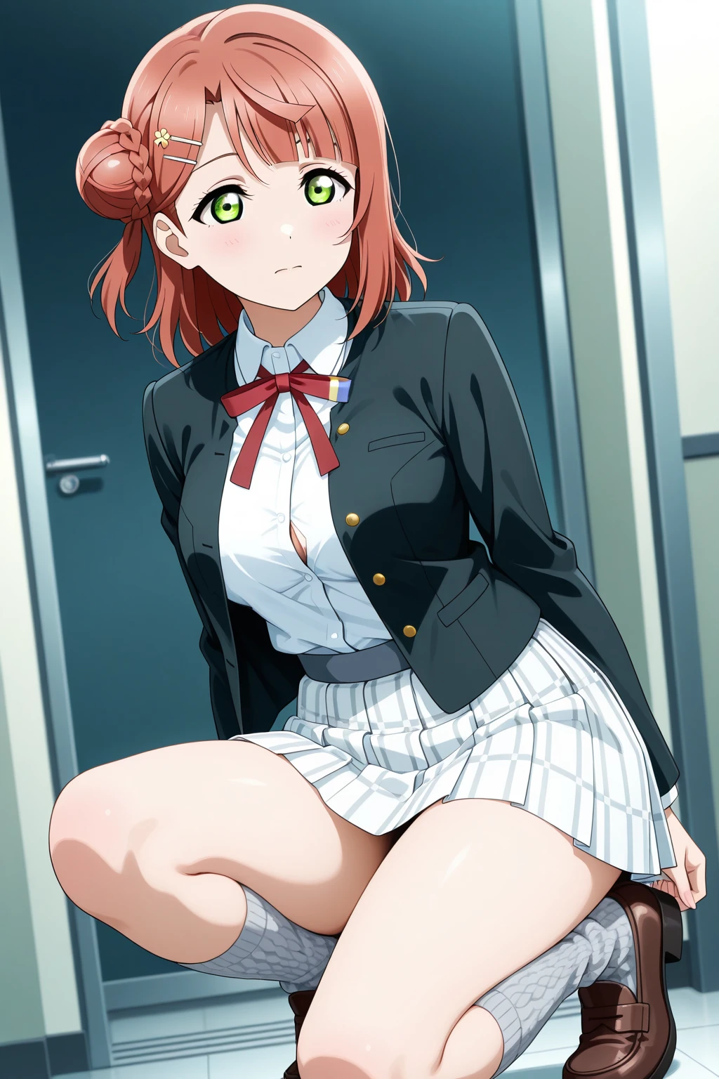 (masterpiece:1.2), highest quality, High resolution, masterpiece, highest quality, Detailed Eyes, Detailed face, One girl, View Viewer, Super detailed, Cowboy Shot, Outdoor, Folded ponytail, short hair, Long sleeve,  Red jacket, whiteのシャツ, Earrings,  Ascot, brooch, Red jacket, Red pencil skirt, smile, blush, Light pink_lips,  (丸見え:1.5), (white_:1.5), (From below:1.5)