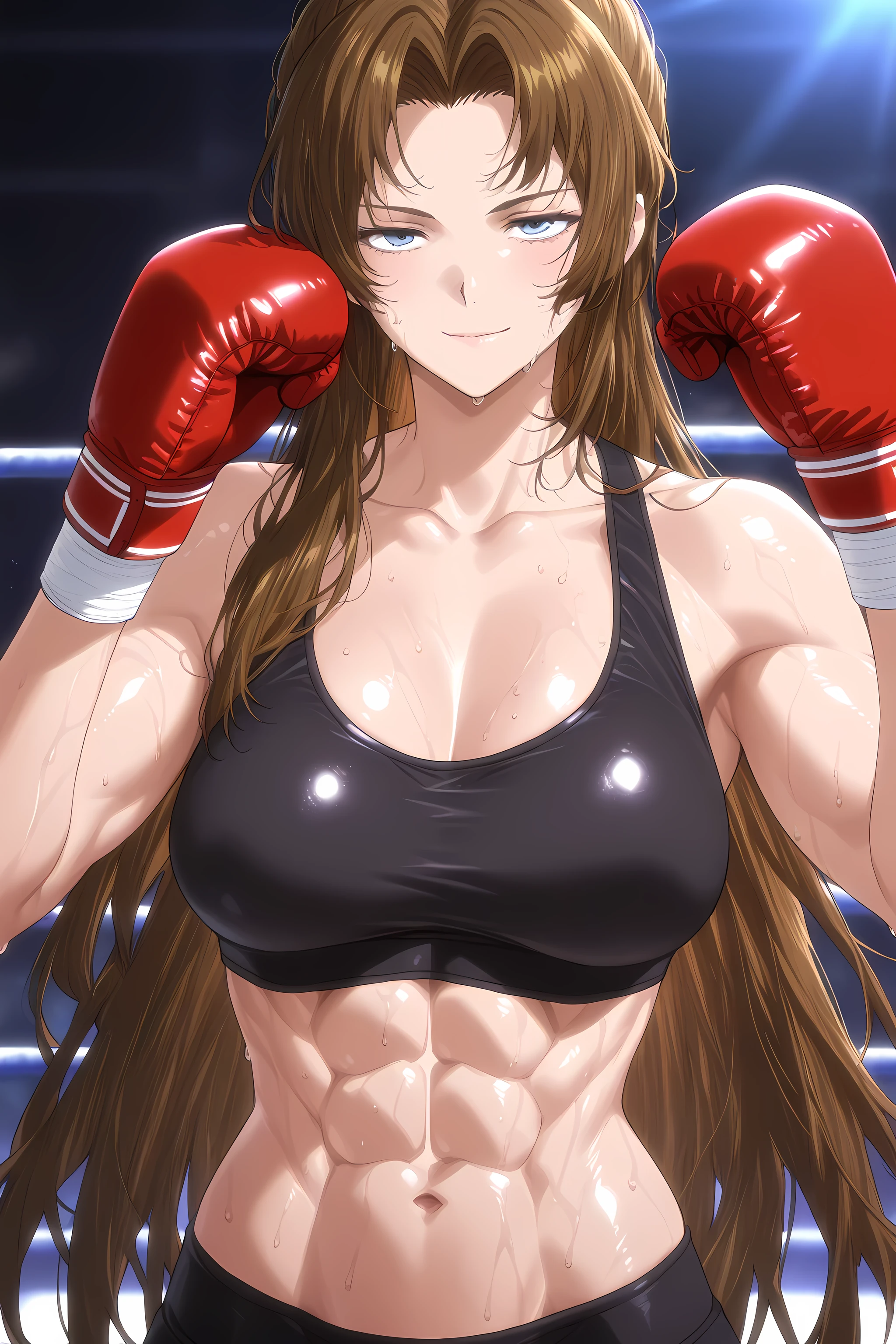 1girl, solo, young mature, RodionLimbus
long hair, brown hair, blue eyes, light smirk, medium breast, toned female, abs, shiny body, sports bra, boxing gloves, sweating, sexy pose, looking at viewer,