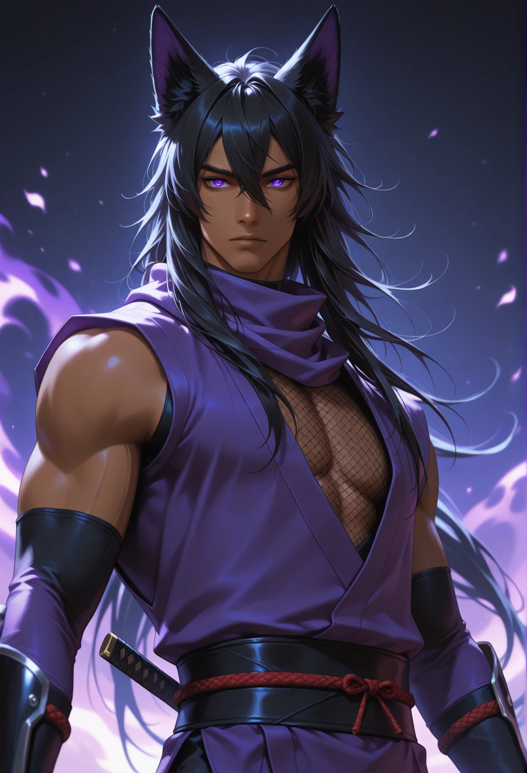 (Masterpiece, best quality), detailed, 1 man, ((character concept art)), ((character design sheet, same character, front, side, back)), full body, body complete, 1 Male, 1 Man, Detailed face, character design sheet，full bodyesbian, Highly detailed, character sheet, character design, Many parts, dark skin, angel wings, long ponytail purple hair, angel outfit, muscle male god, male clothes, masculine, muscle man, male muscle, manly, male angel, Muscle male with purple ponytail long hair，beautiful man, abs, pectoral muscle