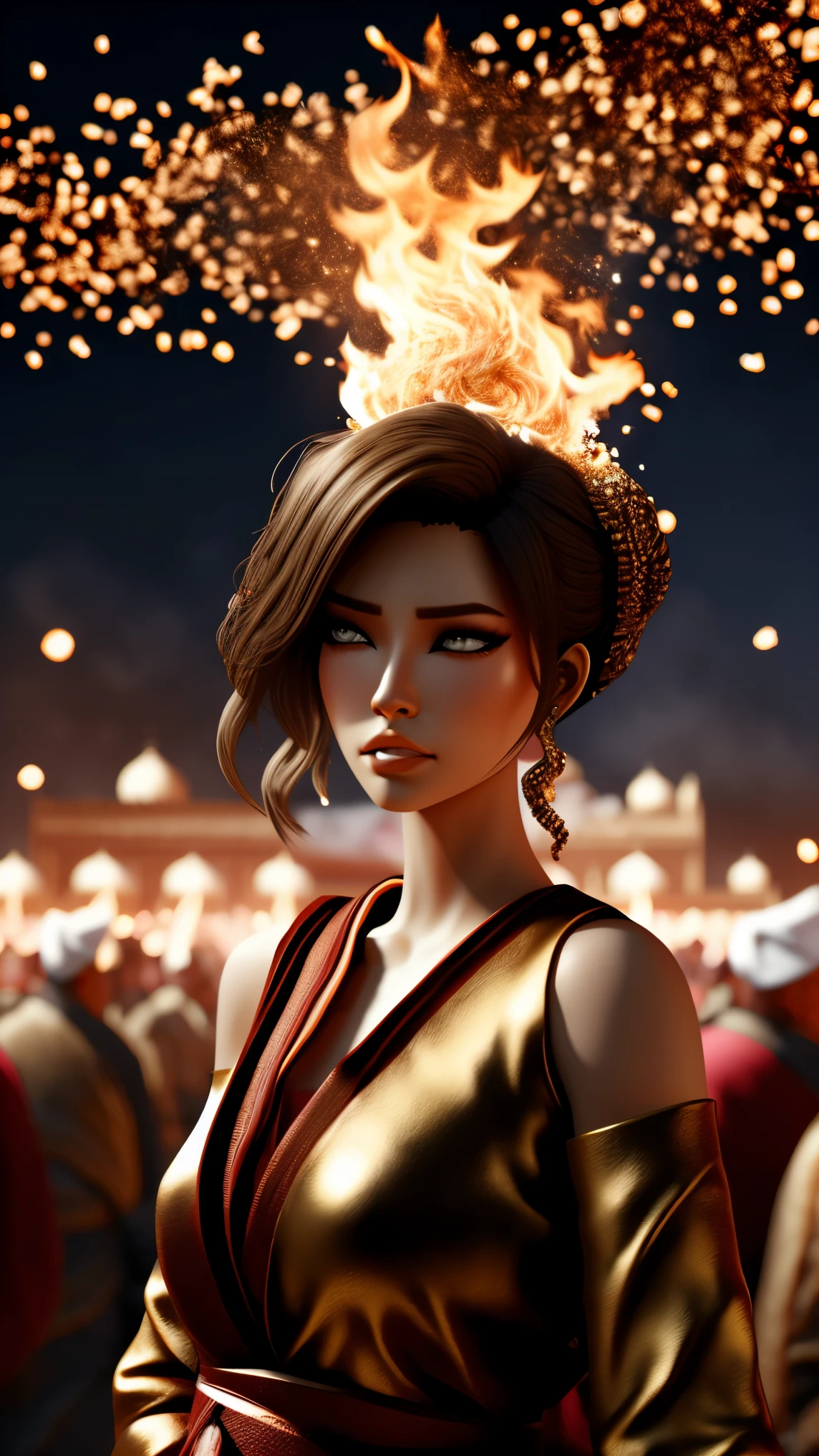 Routine character, waist-up, standing before the Taj Mahal during the Holika Dahan fire ritual. Spirals of fire forming rings, golden light reflecting on the face, colored powder particles swirling through the flames. Multi-angle cinematic composition with strong contrast. 4K, portrait 9:16, realistic, large eyes.
Recommended tags: (golden fire glow:1.3), (festival particles:1.3), (realistic skin:1.2)