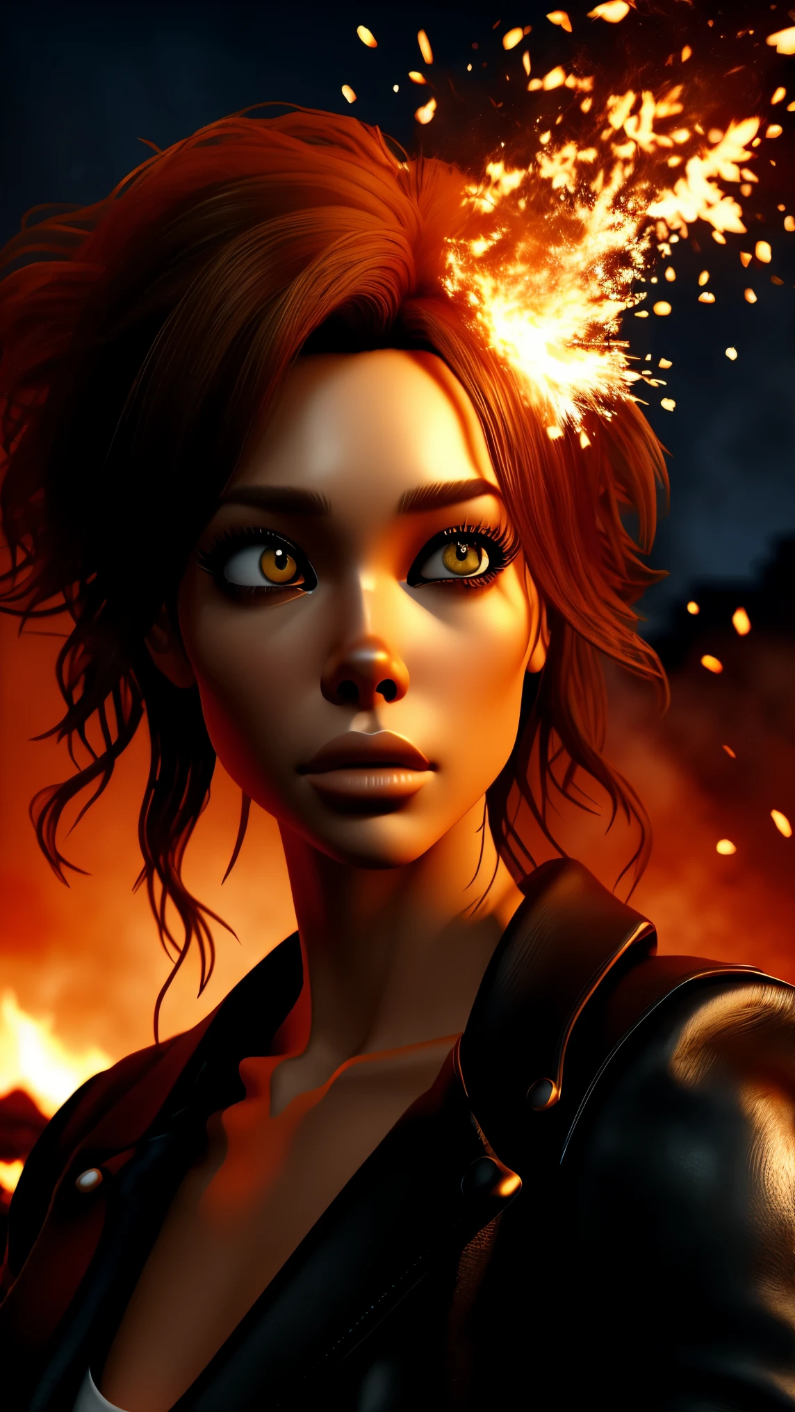 Routine character, waist-up angle, illuminated by massive burning sculptures during Las Fallas. Sagrada Família rising behind. Sparks exploding in mid-air, orange and red firelight reflecting on the skin. Spanish festival intensity, realistic texture, multi-angled composition, trails of embers, strong contrast. 4K, portrait 9:16, realistic, large eyes.
Recommended tags: (realistic:1.2), (dramatic lighting:1.3), (fire particles:1.2)