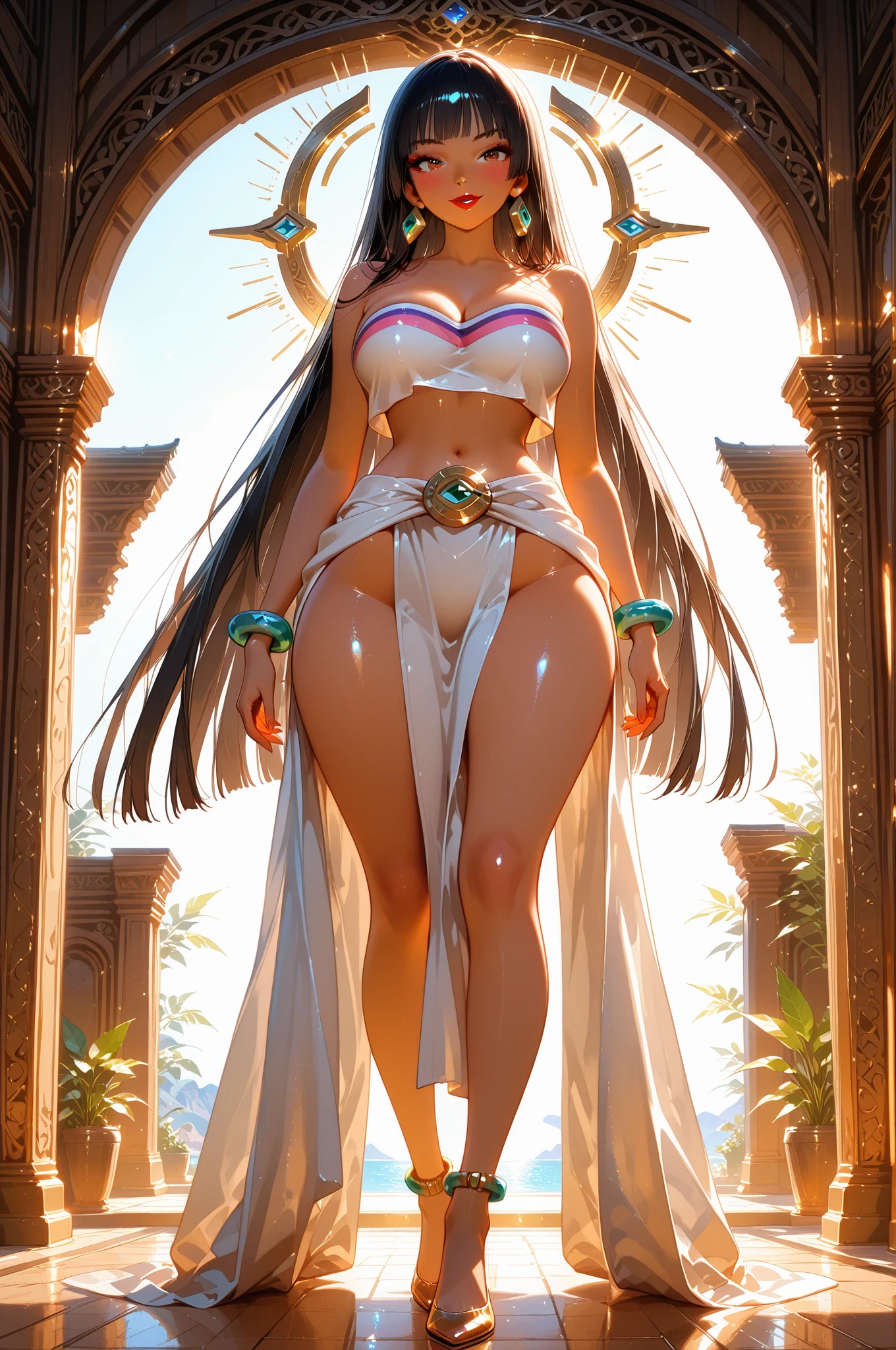 (masterpiece, best quality, 8k), 1girl, mature woman, attractive goddess, lips, ancient egypt clothes, white clothes, gorgeous clothes, detailed pattern, purple eyes, long white hair, arms up, armpits, divine, immortal, light smile, ancient egypt building, detailed building, outdoor, godlike, godrays, cinematic lighting, (from below)