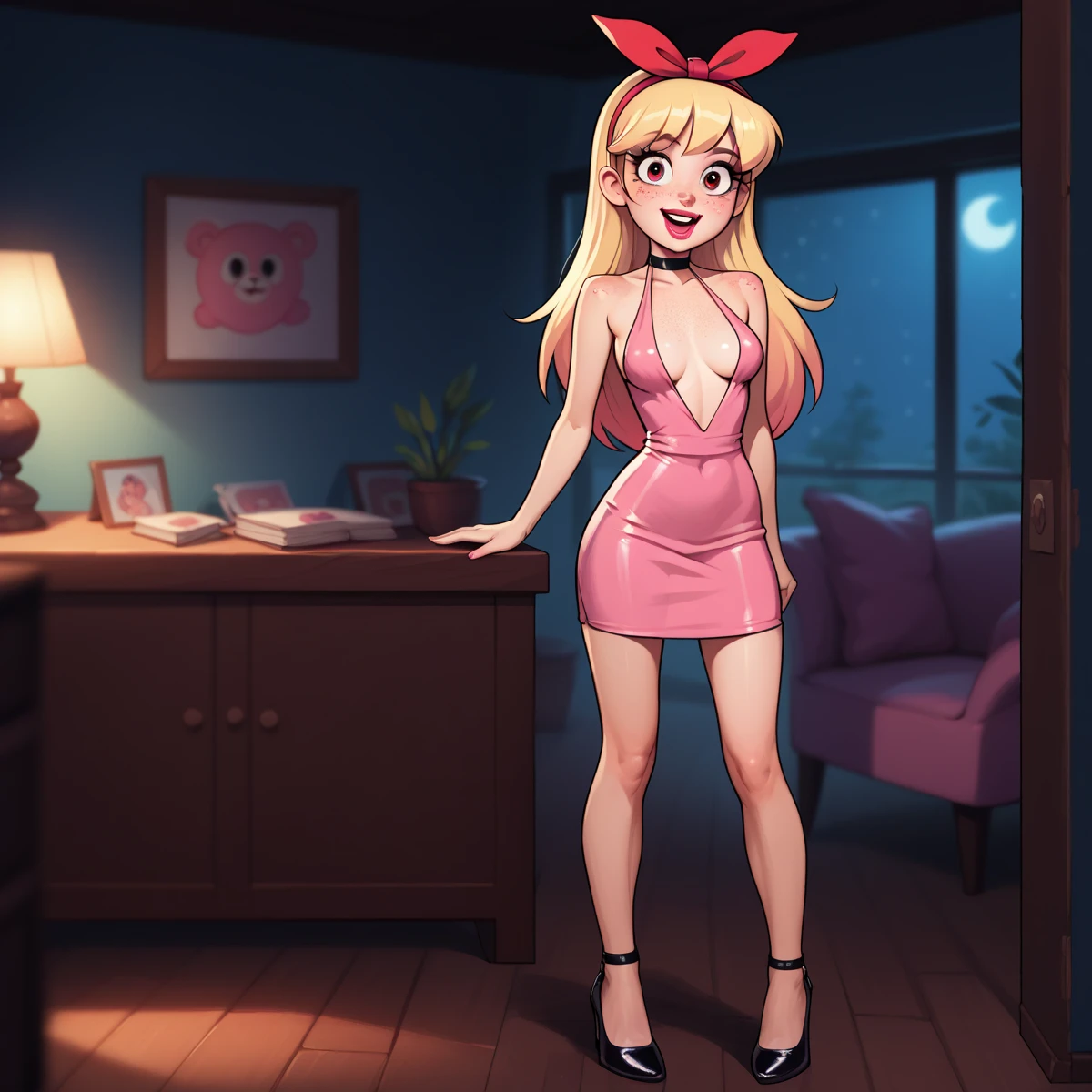 nat, 1girl, (flat chest), (((very small breasts))), pink headband, green eyes,  blonde hair, long hair, lips, bang, blush, red dress, long sleeves, she is lifting her skirt showing her , depth of field, bokeh, (special attention to skin detail: 1.2), masterpiece, best quality, ultra-detailed, ultra-HD, photorealistic, cinematic, ((close-up camera shot)), sensual pose, alluring