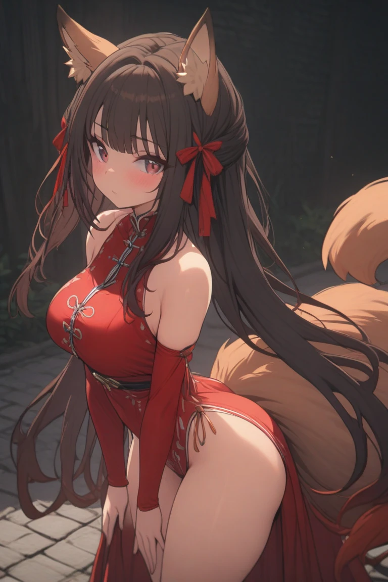 crossdressing,tsurime,orange eyes,fox_ears,Fox tail,red_hair,Low-tied long hair,hanfu,1boy, ??????????? , golden eyes , detailed face , under ?????? , get down ????????????