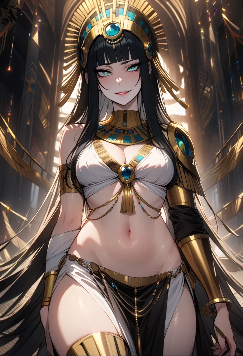 ((best quality)), ((masterpiece)), (detailed face and eyes), perfect face, accurate, textured skin, high details, highres, , queen of ancient Egypt, in silk dress, jewelled crown, lipstick, cowboy shot, Tanned skin, brown skin, throne