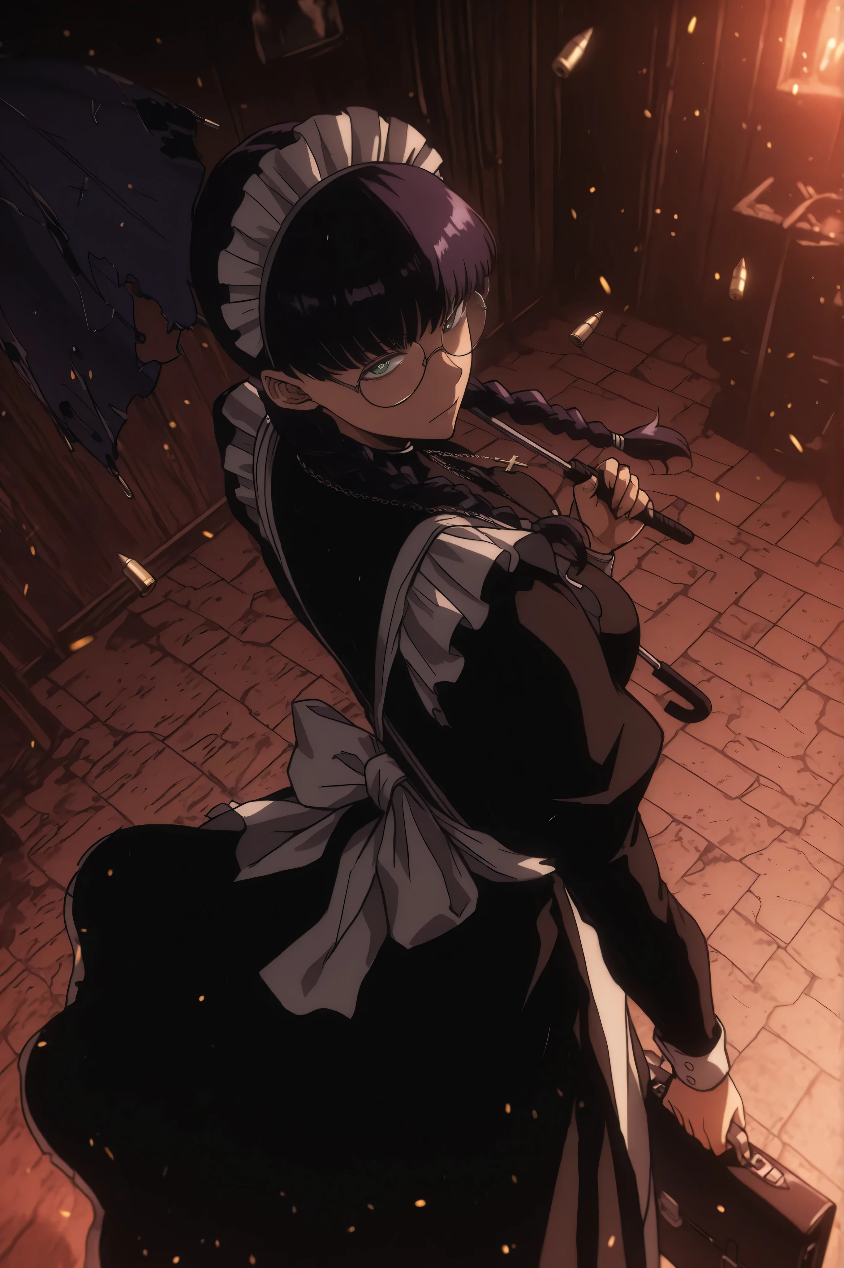 roberta, round glasses, maid, black hair, twin braids, dark purple hair, long sleeves, cross, wielding an umbrella and a briefcase, perspective, good perspective, Dutch angle, good Anatomy, solo leveling style, solo leveling artstyle, dark lighting, Bullet casings in the air, slow motion, embers, inside a destroyed bar, shooting with the umbrella, shooting viewer