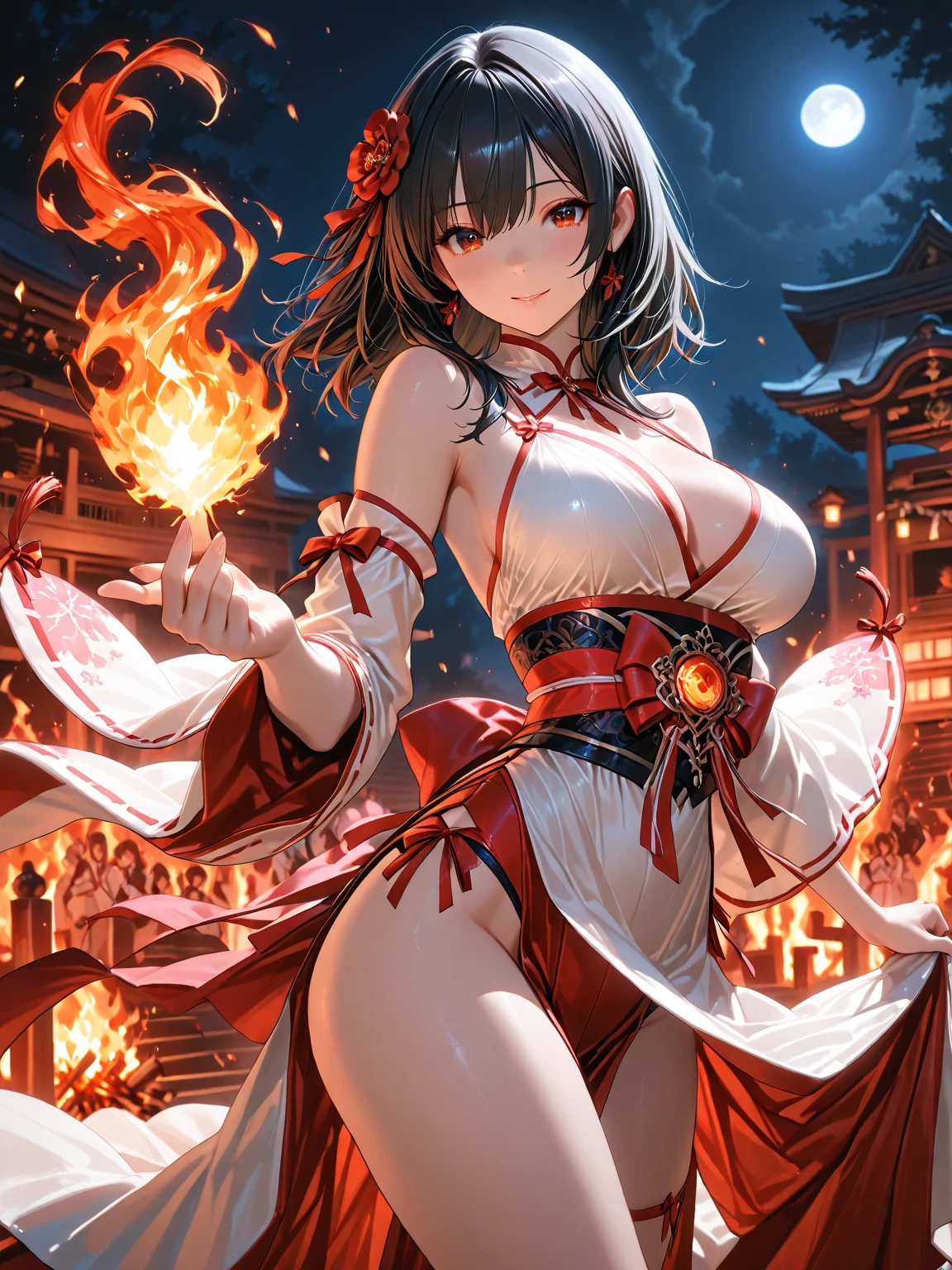princess azula, evening, sunset, looking at viewer, cleavage, red satin robes, clothed bathing, girl floating above the water, palace, temple, fire, lava, red glowing, smug face ( 1.1)