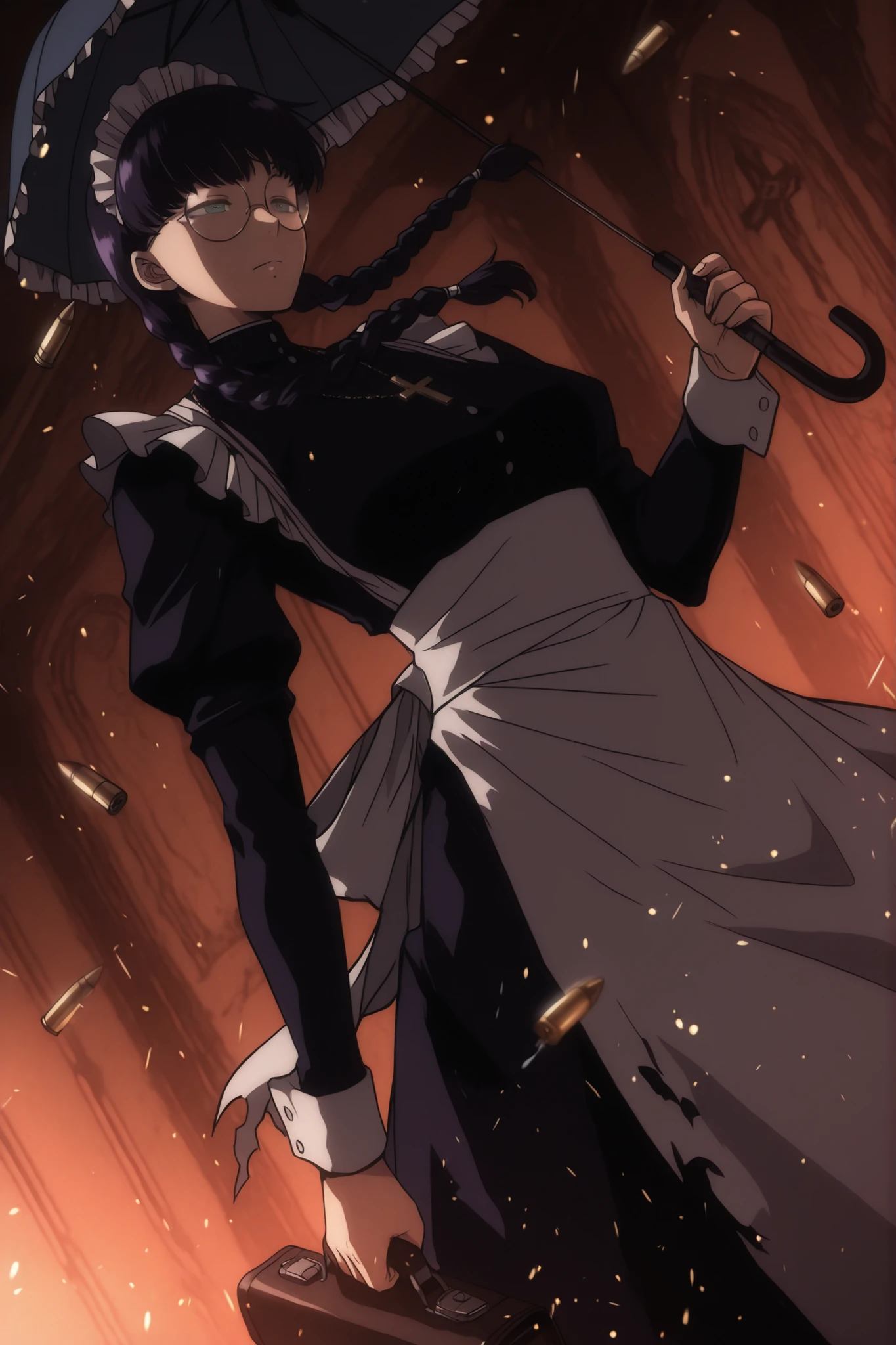 roberta, thick round glasses, maid, black hair, twin braids, dark purple hair, long sleeves, cross, wielding an umbrella and a briefcase, front view, upperbody , Dutch angle, good Anatomy, solo leveling style, solo leveling artstyle, dark lighting, Bullet casings flying in the air, slow motion, embers, inside a destroyed bar, black shadow , front view 
