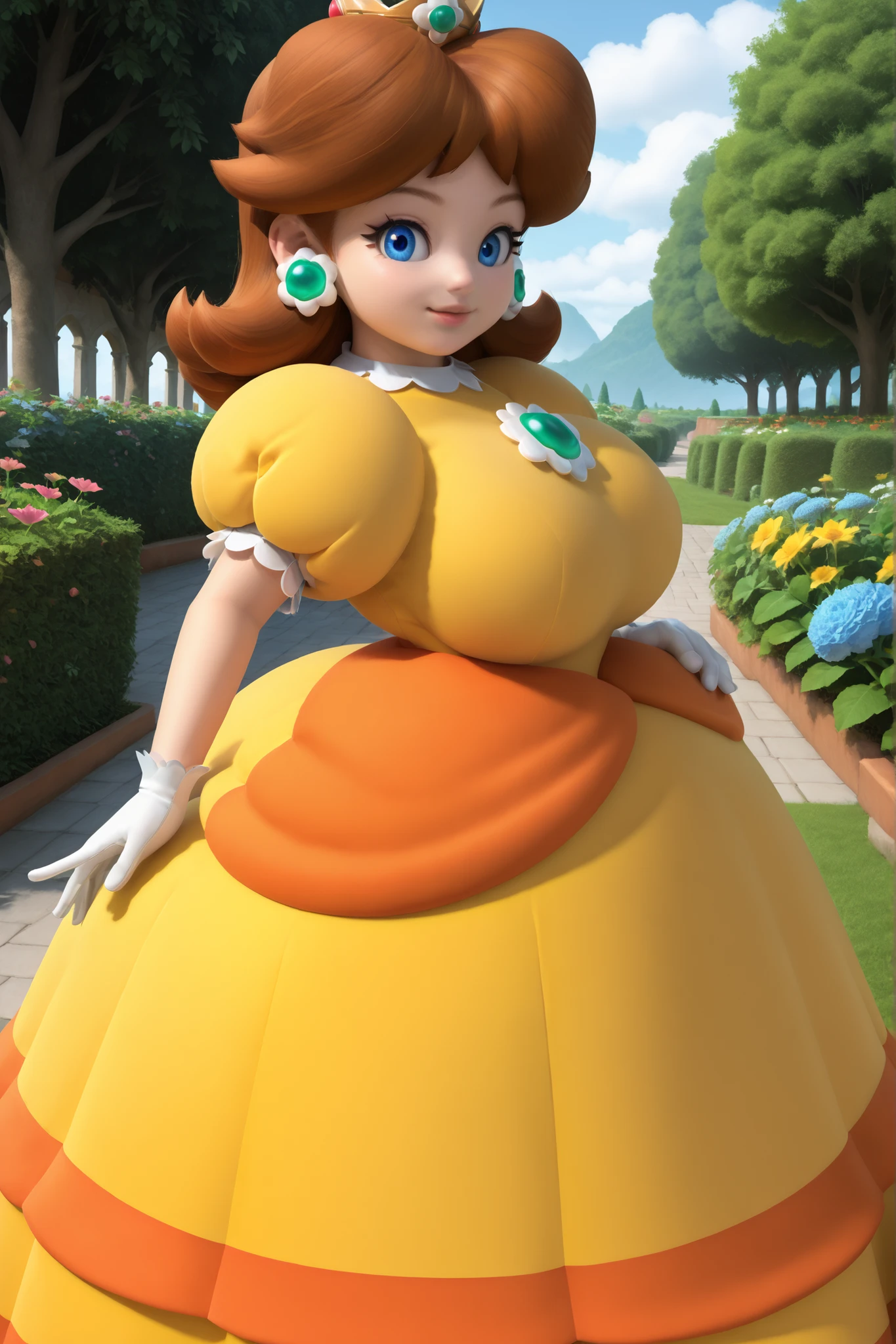 short puffy sleeves, dress, flower gem chest, gloves,princess daisy, blue eyes, brown hair, crown, earrings, white gloves, puffy sleeves, gloves, garden background, high quality, gigantic breasts, huge ass, from side, portrait, smile, tall, slim waist