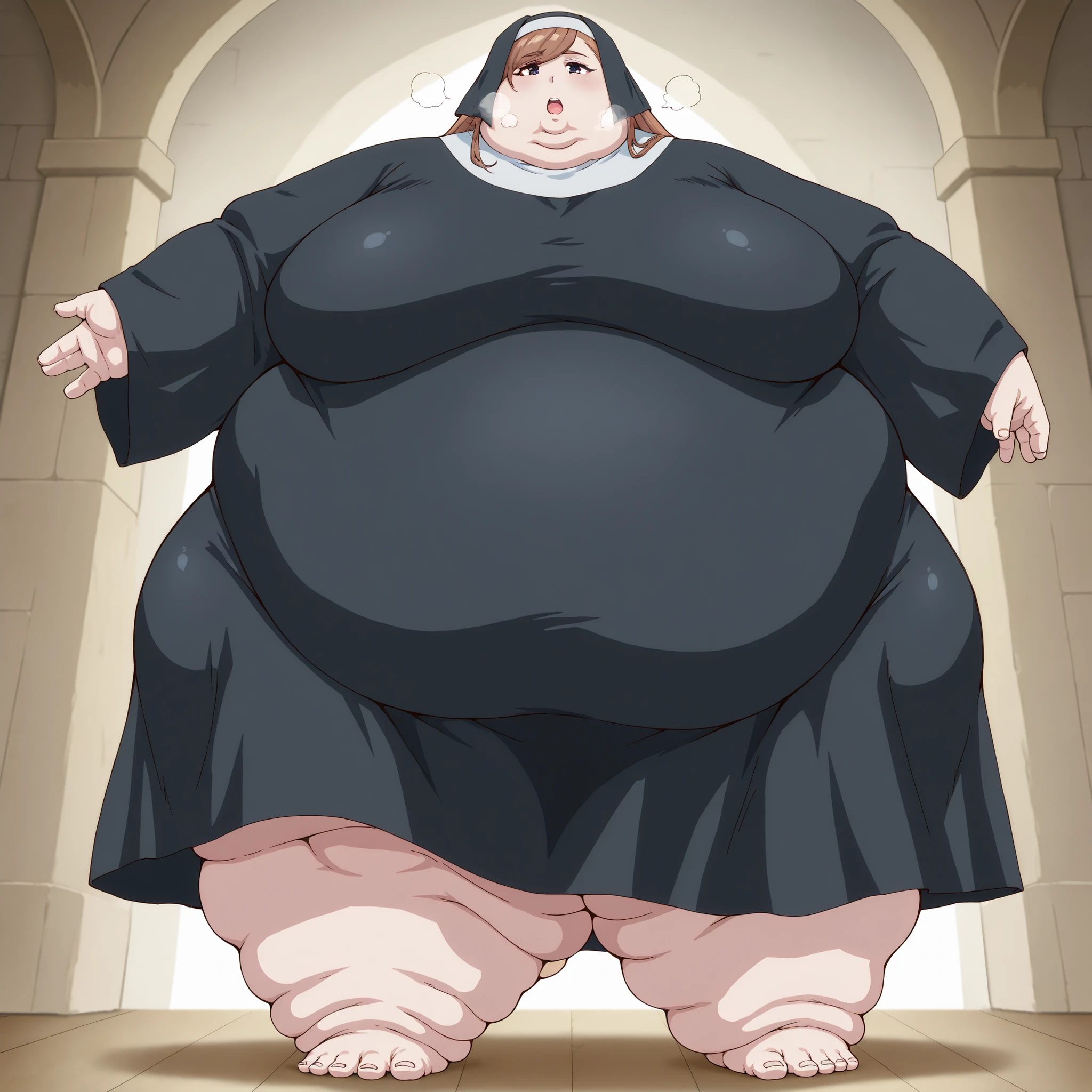 fabinikupriestess, brown hair, long hair, blue eyes, nun, habit, breasts, fat, chubby, obese, fat neck, multiple chins, big breasts open mouth, out of breath, Larger female, full body shot, only head, large head, oversized limbs, large hands, large feet, oversized feet, oversized fingers, big lips, plump lips, fat face, fupa, big fupa, fat fupa,  