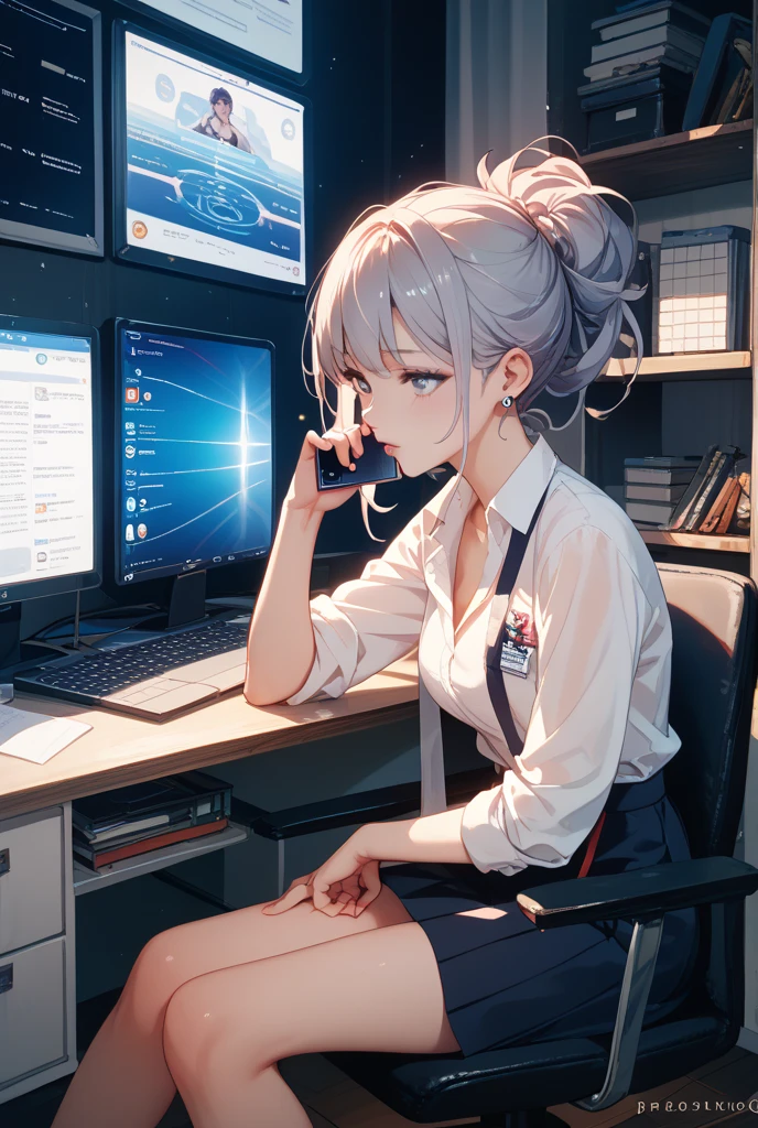 Anime girl with headphones sitting on laptop table, lofi-girl, lofi artstyle, lofi art, lofi vibes, lofi feel, adult lady、silber hair、25-years old、Business suits、lofi hip hop, lofi, chillhop, lofi girl aesthetic, lofi portrait, Lofivibe, lofi color, anime vibes, The aesthetics of the lofi