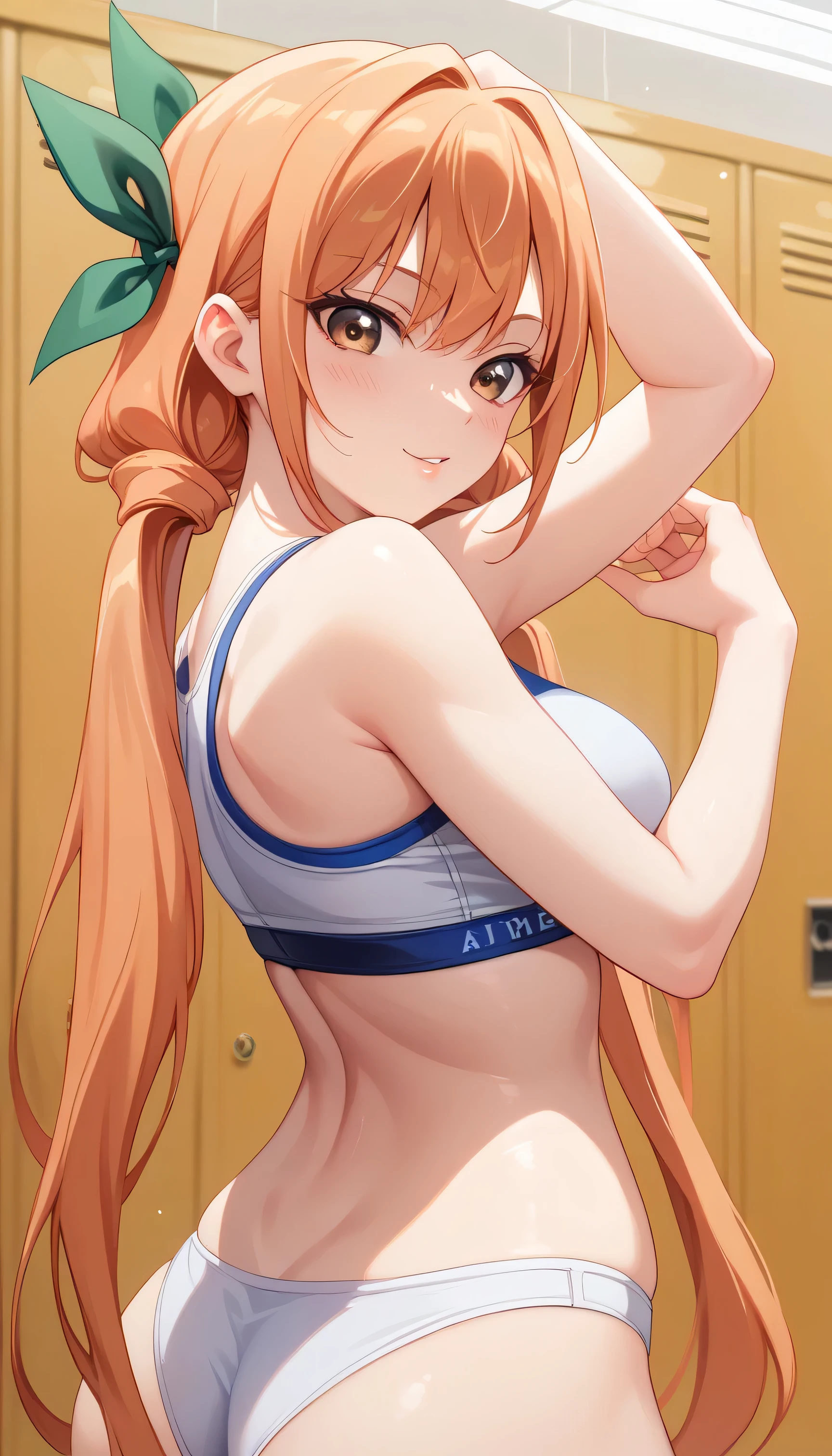 masterpiece, absurdres , (intricate details), (colorful),cinematic lighting,bust shot,extremely detailed CG unity 8k wallpaper,1girl, solo, female, arm up, looking at viewer, sports bra, locker room,cowboy shot, solo, sports bra, full body shot, big ass, , 1girl, solo, karane_inda, solo, white thong panties, brown eyes, orange hair, very long hair, low twintails, green ribbon, hair ribbon,
