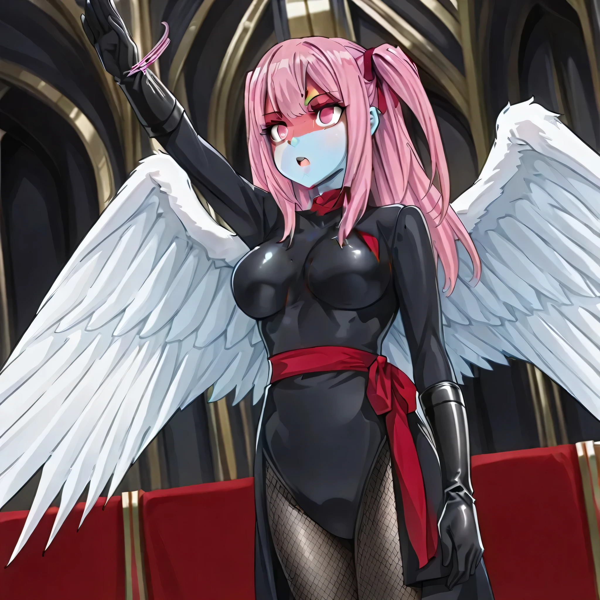 shocker, black leotard, red sash, breast