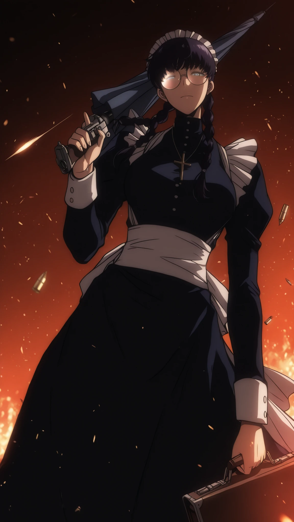 roberta, thick round glasses, maid, black hair, twin braids, dark purple hair, long sleeves, cross, wielding an open umbrella in her left hand and a briefcase in her right hand, open umbrella above her head, she holds the umbrella open to protect herself from the embers , front view, upperbody , Dutch angle, good Anatomy, solo leveling style, solo leveling artstyle, dark lighting, Bullet casings flying in the air, slow motion, embers, in front of a burning bar , front view , facing the camera, facing the viewer