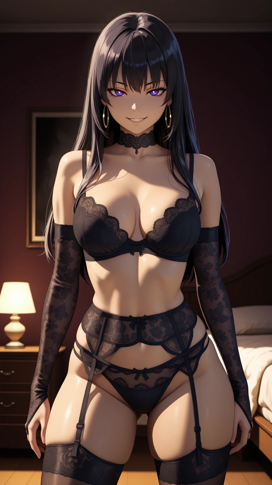 Masterpiece, Ultra quality, good lighting, shadows, perfect ???????, posing, 1 girl, 21 years, latina, mature girl, cute face, beautiful body, long black hair, black eyes, seductive eyes, black transparent lingerie, background room, rear, ???????, Thighs, seductive, hot, spicy, ????,