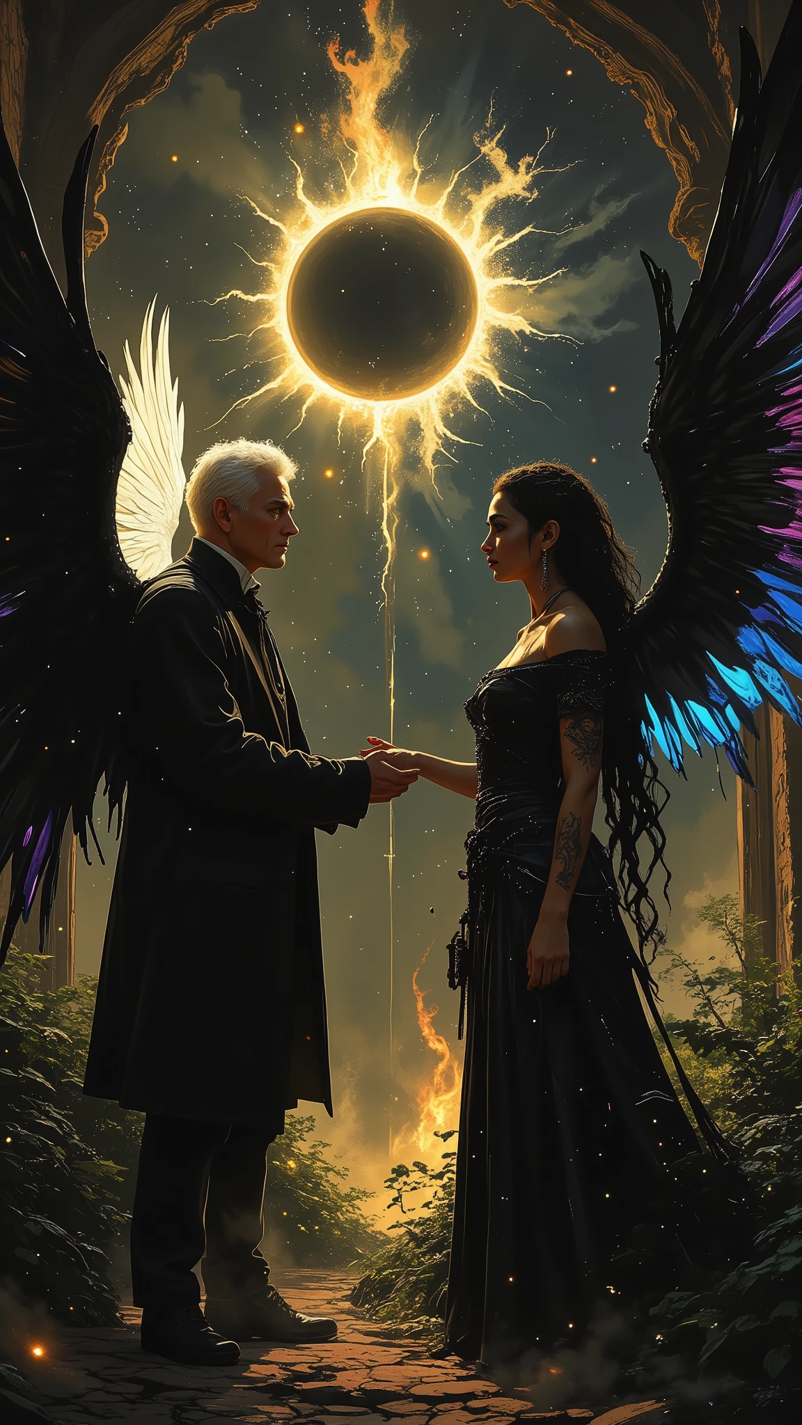 Done in a balanced, fluid, gothic style that expresses the harmony of opposites that dance around these 2.
A captivating portrait shows an angel and a demon in stark opposition. On the left, a 40 year old clean shaven man with short white hair and aquiline features. With a wry expression wears a dark, high-collared coat. He has white, feathered wings and a glowing halo, symbolizing his angelic nature. On the right, a mixed woman with light brown skin and long, a head shorter than the man almost braided hair black as midnight that shimmers, is wearing a roguish grin and dressed in a black, ornate off-the-shoulder gown. Her radiant eyes plotting are familiar to the man and can tell she plots mischief. She has dark spidery tattoos that are elegant and cruelly beautiful, a bandolier of long black daggers and hooks rest across her ample bosom, and large majestic black gossamer wings of blue and purple frame her short form, with flames rising behind her of the same colors, signifying her sinister essence that's tied to darkness and the beauty found in the unseelie court. Both figures are facing each other, their intense gazes creating a powerful contrast between light and darkness and a shocking truth, they long to touch one another and their look is full of love. Massive energies whirl around these 2 and an eclipse of the Sun heralds their union with a foreboding air.
