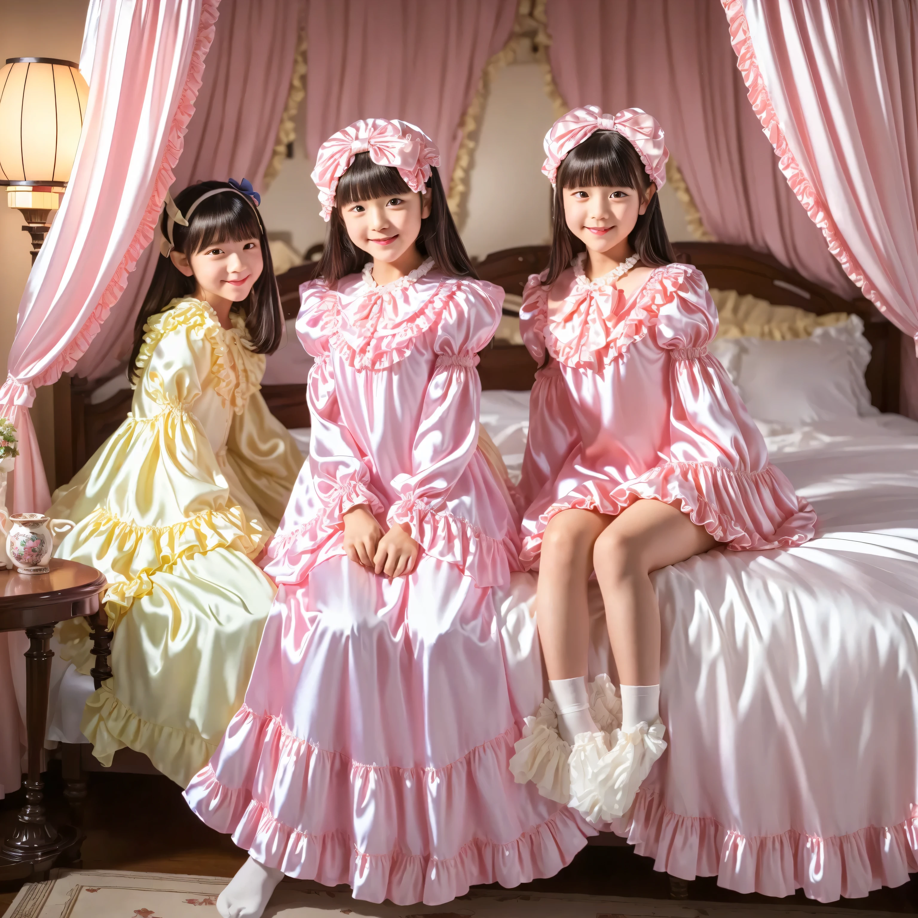(( Distant view,Full Body:1.0)),top quality, masterpiece, Highest Resolution, art work, super それにget used to it, many get used to it, get used to it, それにget used to it, 3k photos,,Three Daughters of a Noble Family, ((10 year old Japanese girl)),get used to an ultra-fine young face,,nice smile,baby face,short,,(((Straight Long Hair))),,(((pastel silk satin nightgown with lots of ruffles and bows before bed,1920s style victorian nightgown:1.2))),((ruffle mob cap with ribbon)),((detailed yoke collar with ruffles and bows,detailed ruffle placket:1.0)),((long sleeve,puff sleeve with ribbon, ruffle sleeve )),((ruffle long skirt up to the ankle:1.0)),((Full Bodyが映っている)),(goddess),(fixed bed),Night view and moon through the window,就寝前に , white frill socks,behind a luxurious canopy bed,super detailed background,