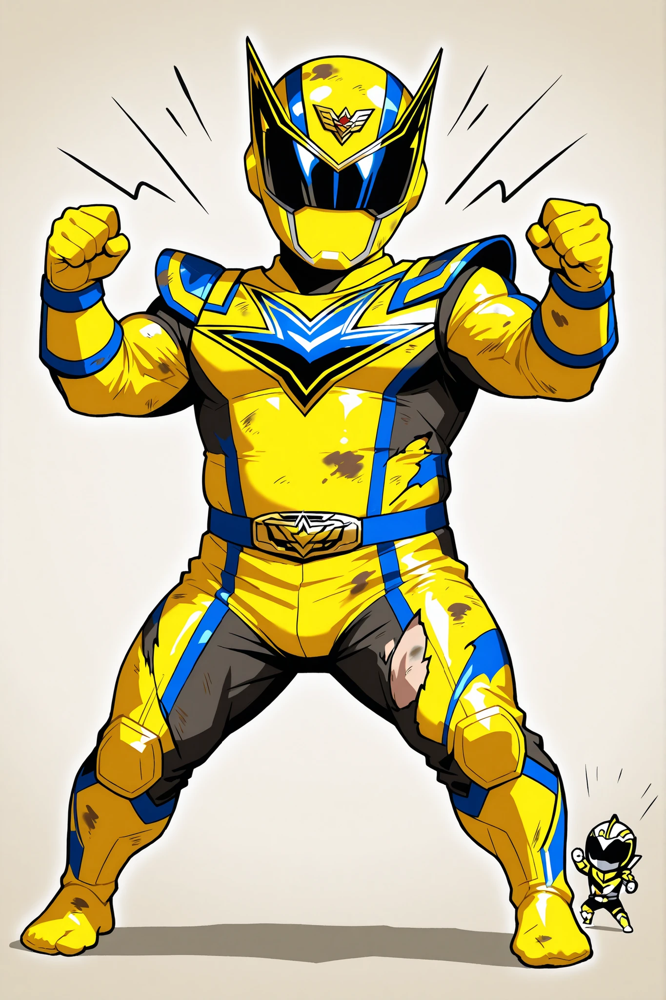 bdchibi,full body,Chibi, three-dimensional, shorts, ripped short suit, bare hands, bare feet, dirty, comedy, chubby, yellow male Sentai hero, tattered suit, dirty suit, powerful pose with legs spread, yellow special effects suit with blue accents, black visor helmet, powerful body language, clenched fists, muscular silhouette, hand-drawn anime look, sketchy line art, dynamic shading, clean background