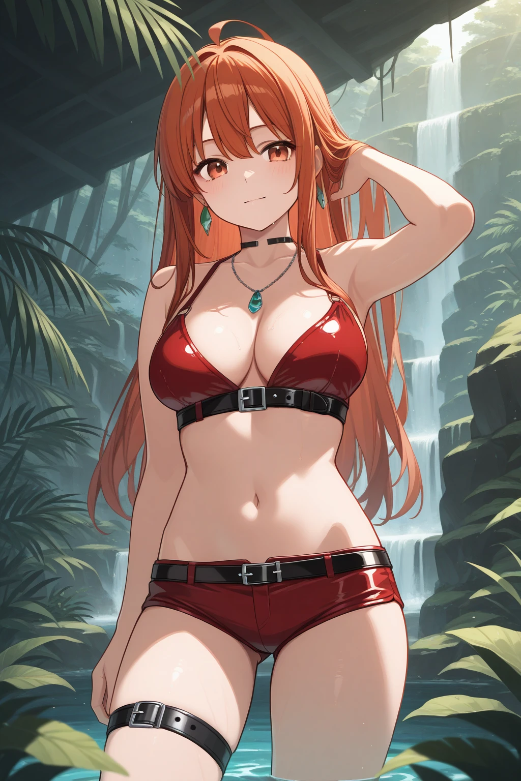 (La mejor calidad, anime), cuerpo completo, hembra madura, chica mala, Pelo rojo, Mirando al espectador, senos grandes