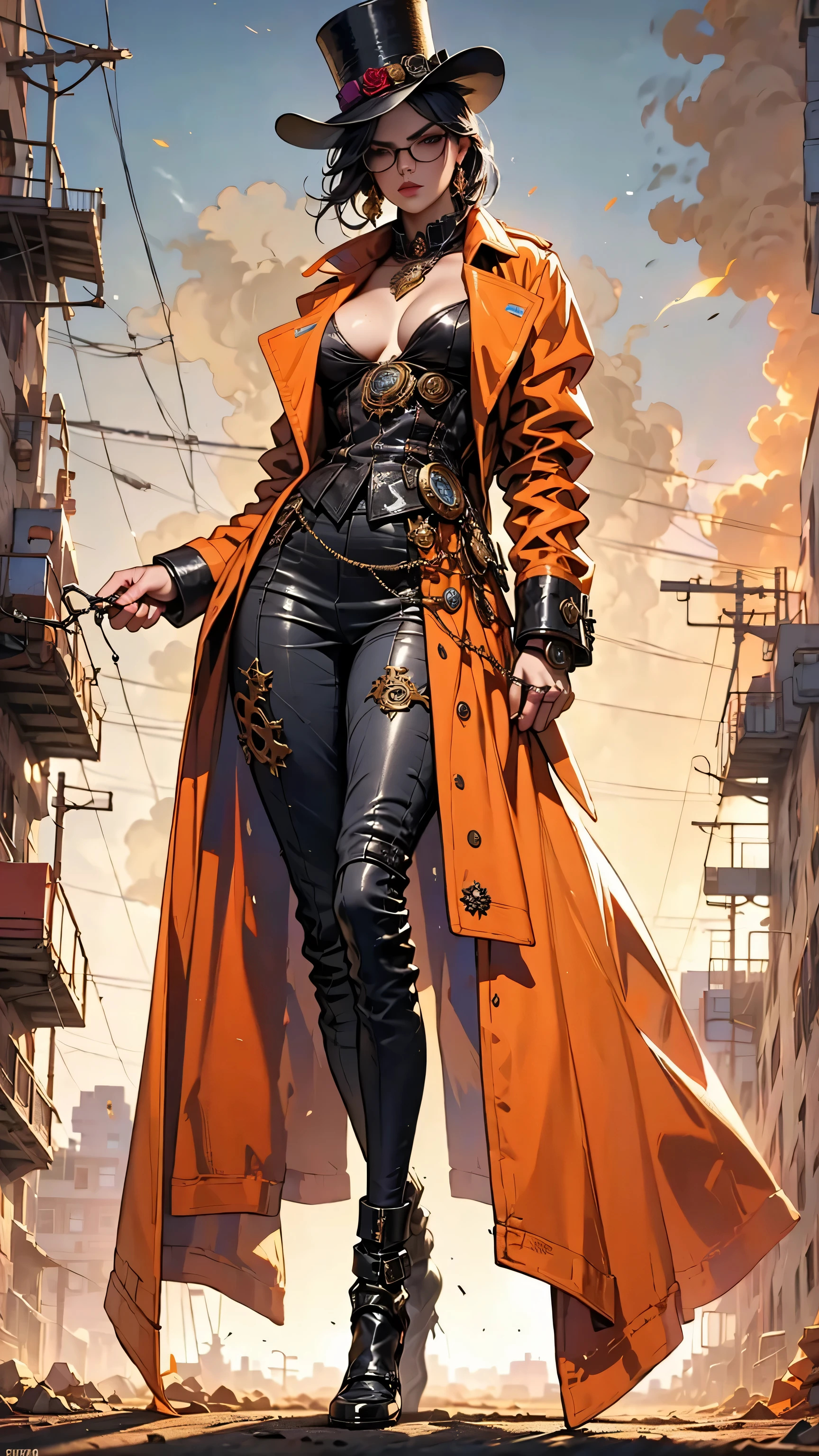 beautiful mature woman in full body steampunk suit, intricate gears, brass , bronze, aged mechanical details , top hat, glasses, corsets, leather, Advanced Technologies , sandy, moody, cinematic lighting, photorealistic, 8K, masterpiece