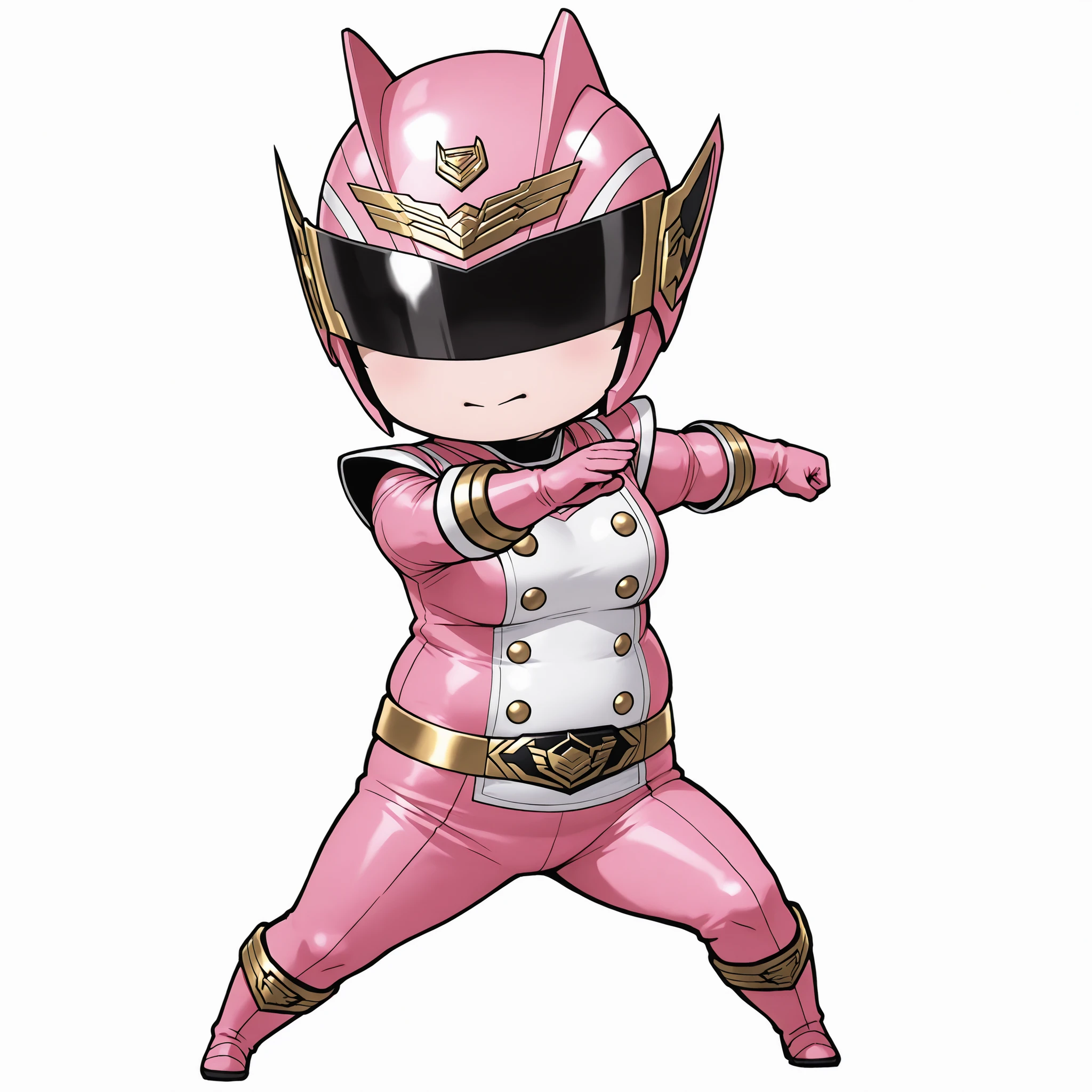 bdchibi,full body,Chibi, three-dimensional, pink female Sentai hero, plump, large-breasted, chubby figure, agile fighting pose, special effects-style pink suit with gold details, black visor helmet, graceful and slim physique, one arm outstretched, dynamic sense of movement, hand-drawn anime illustration, textured sketch lines, soft shading, clean white background