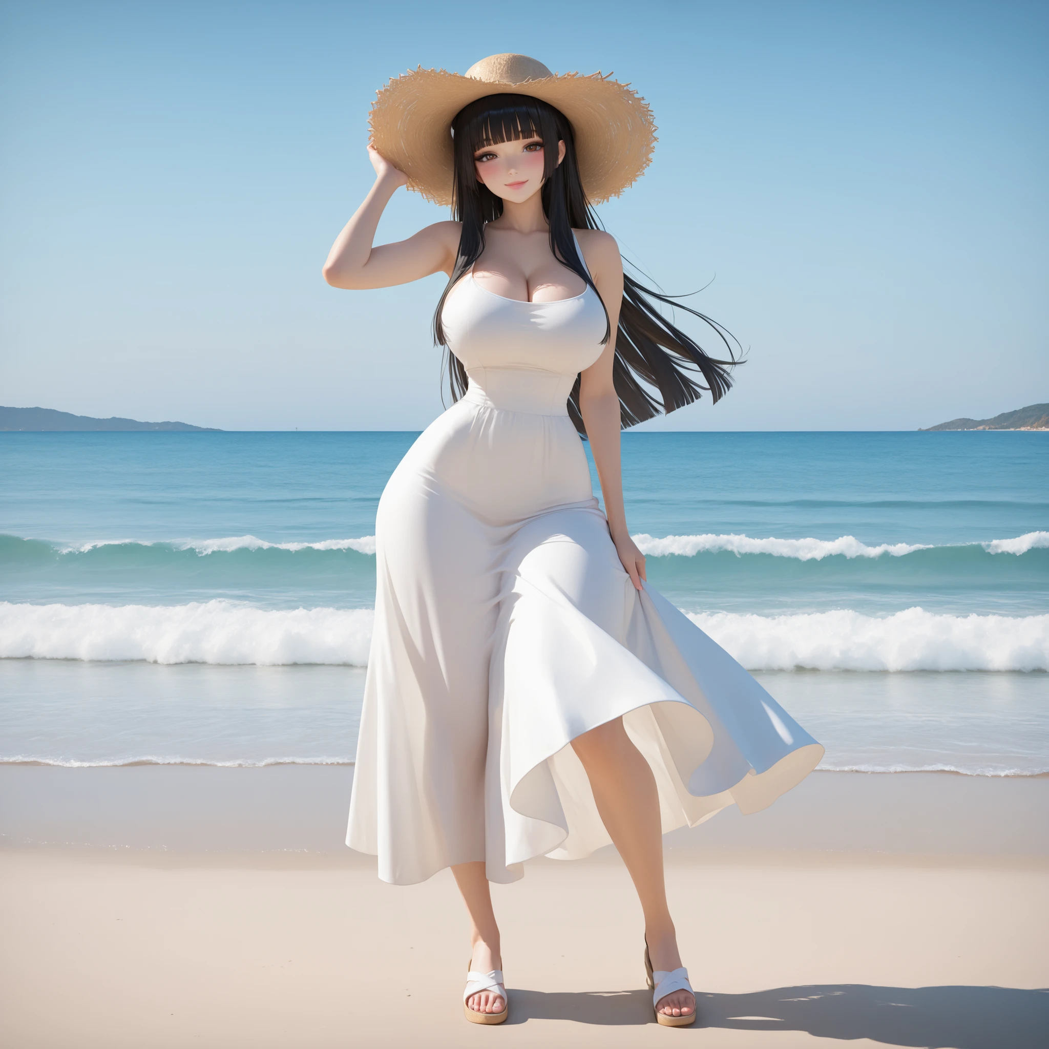masterpiece, ultra-HD, impressionism, high detail, best quality, very aesthetic, 8K, best quality, beautiful, ultra-high resolution, 32K UHD, sharp focus, 3D, 1woman, solo, long hair, black hair, straight hair, loose hair, blunt bangs, long locks, almond-shaped eyes, brown eyes, eyelashes, black eyeliner, pink lips, makeup, , narrow waist, wide , thick thighs, shapely legs, slim, white sundress, cleavage,  shoulders, long skirt, straw hat, blush, smile, cute, holding her hat, hand on , wind waving her skirt, standing, full body, looking at the viewer, beach background, front view