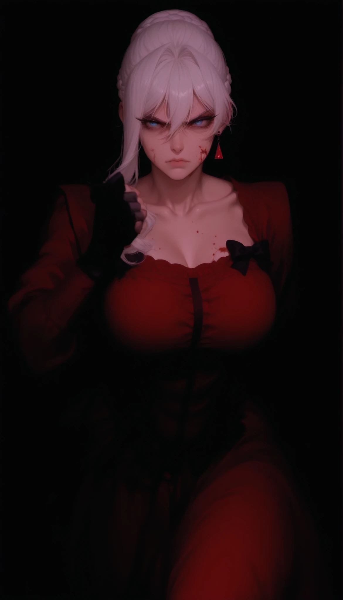 white hair,long hair,braid,braided bun,single hair bun,hair between eyes,blue eyes,1girl,solo,earrings,jewelry,anime_style,
victorian dress red, red corset, red skirt, red dress, black bow on , black bow on side, black bow on skirt, long sleeves, earrings,
collarbone,fingerless gloves, black gloves,
fighting stance,blood on face,angry,
masterpiece,best quality,very aesthetic,absurdres,newest,safe, , thin waist, curvy , thick muscular thighs 
