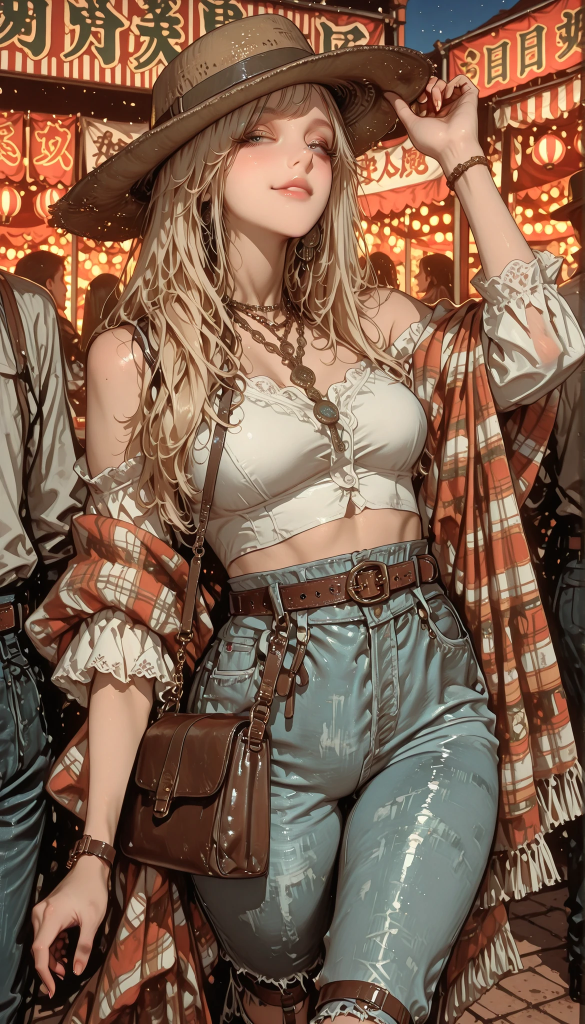 Bohemian chic with a touch of style  : She wears a wide-brimmed hat. , layered necklaces,  and a flowing printed shawl  .  Her outfit includes a white crop top combined with ripped high-waisted jeans and strappy sandals..  complemented by a leather belt  ., wives, and a stylish bag  , She stands confidently ,  tightening her hat with one hand  ..  The atmosphere conveys an informal atmosphere  .,  Festival atmosphere with a boho-inspired look  .