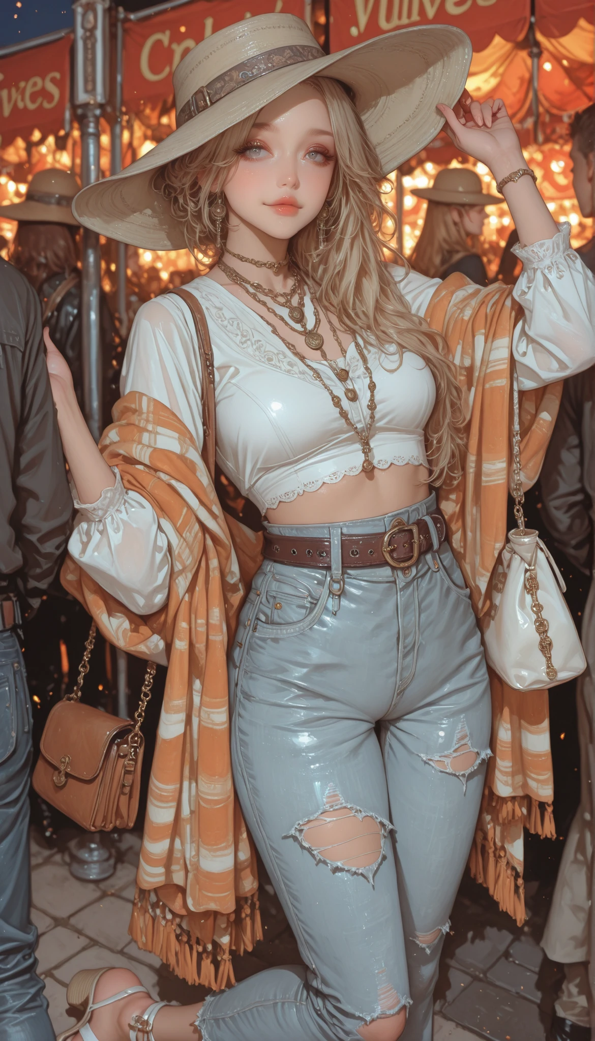 Bohemian chic with a touch of style  : She wears a wide-brimmed hat. , layered necklaces,  and a flowing printed shawl  .  Her outfit includes a white crop top combined with ripped high-waisted jeans and strappy sandals..  complemented by a leather belt  ., wives, and a stylish bag  , She stands confidently ,  tightening her hat with one hand  ..  The atmosphere conveys an informal atmosphere  .,  Festival atmosphere with a boho-inspired look  .