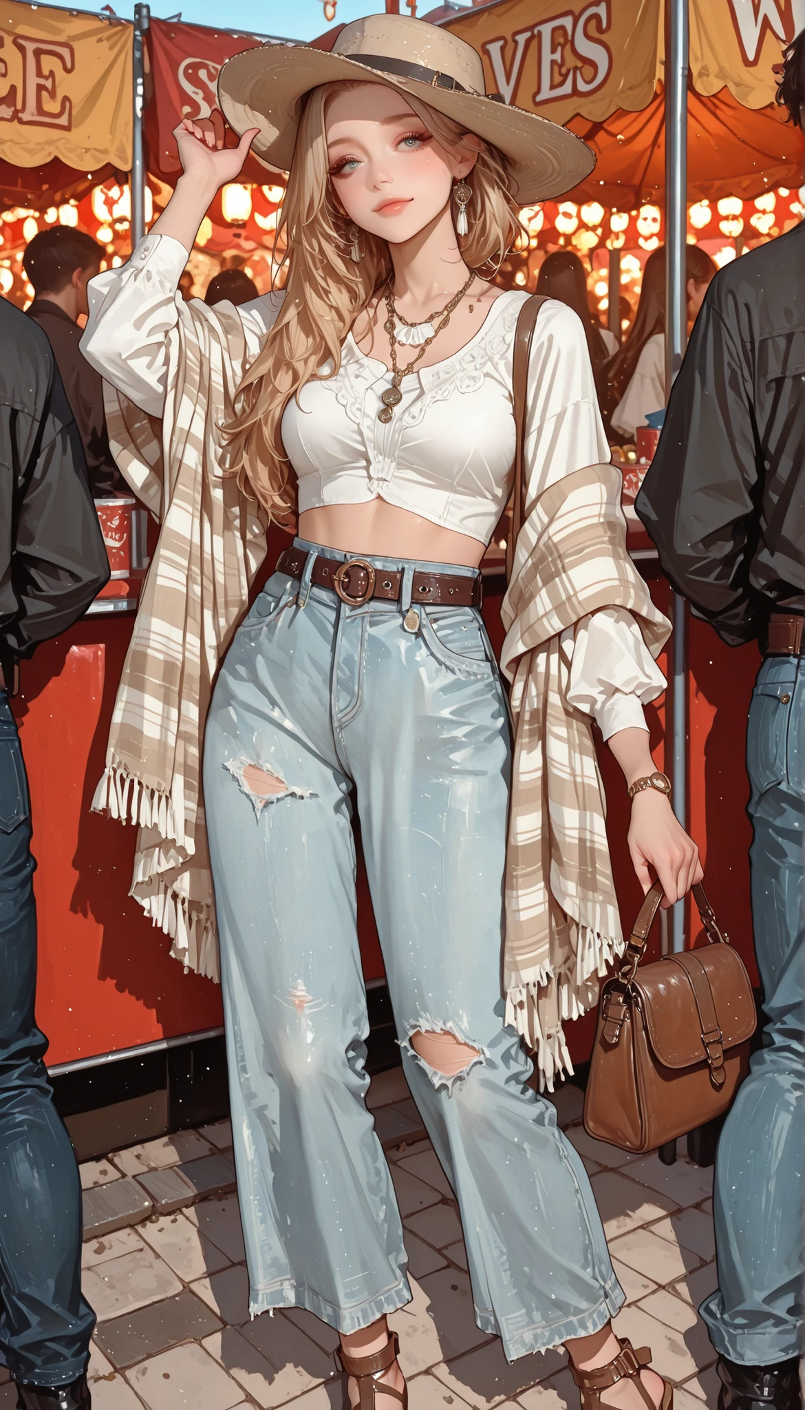 Bohemian chic with a touch of style  : She wears a wide-brimmed hat. , layered necklaces,  and a flowing printed shawl  .  Her outfit includes a white crop top combined with ripped high-waisted jeans and strappy sandals..  complemented by a leather belt  ., wives, and a stylish bag  , She stands confidently ,  tightening her hat with one hand  ..  The atmosphere conveys an informal atmosphere  .,  Festival atmosphere with a boho-inspired look  .
