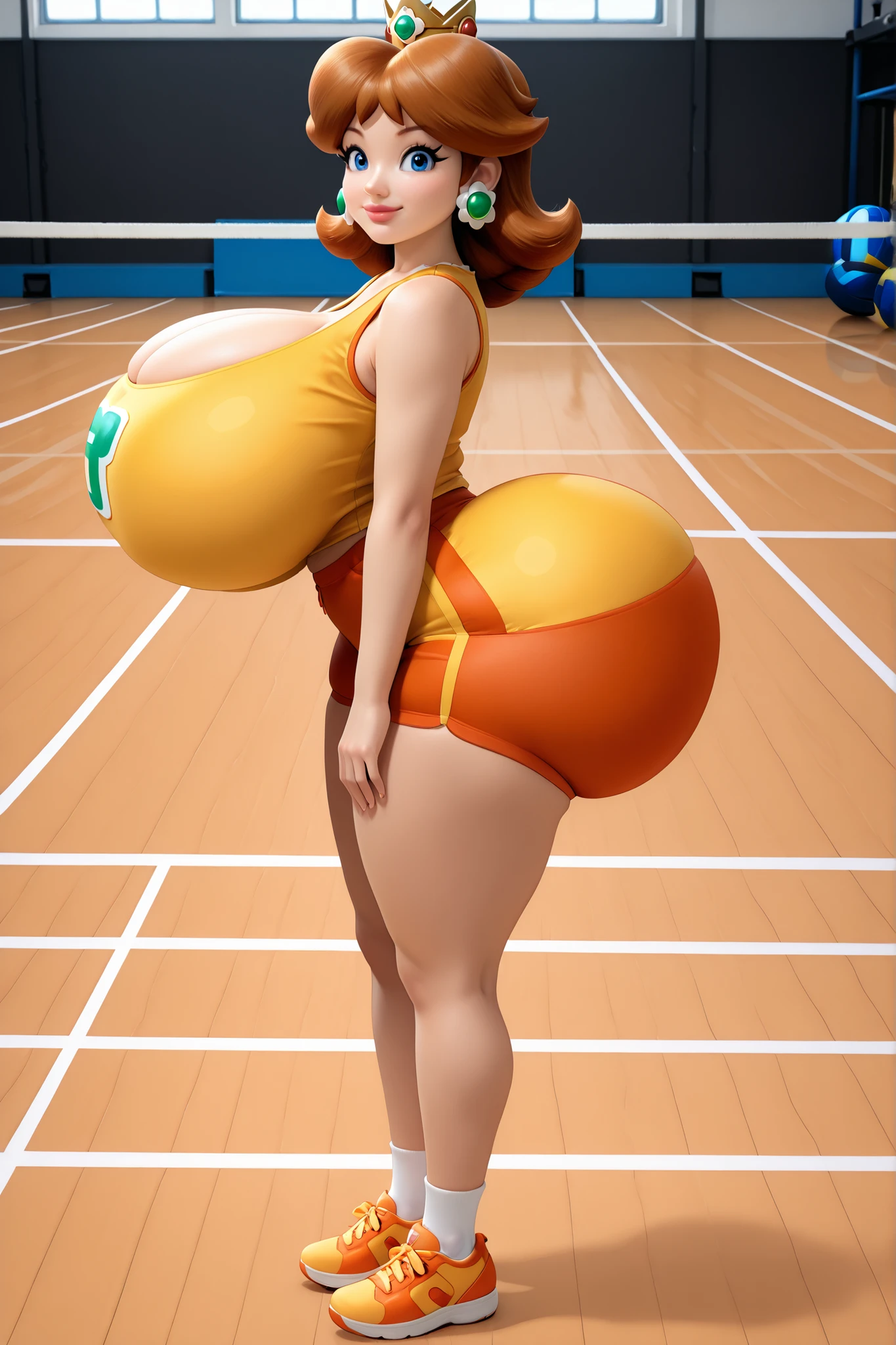 1girl, sports outfit, tank top, shorts, sneakers,princess daisy, blue eyes, brown hair, crown, earrings,huge ass,she has gigantic breasts, huge breasts, full body, from side, empty volleyball court background, smile