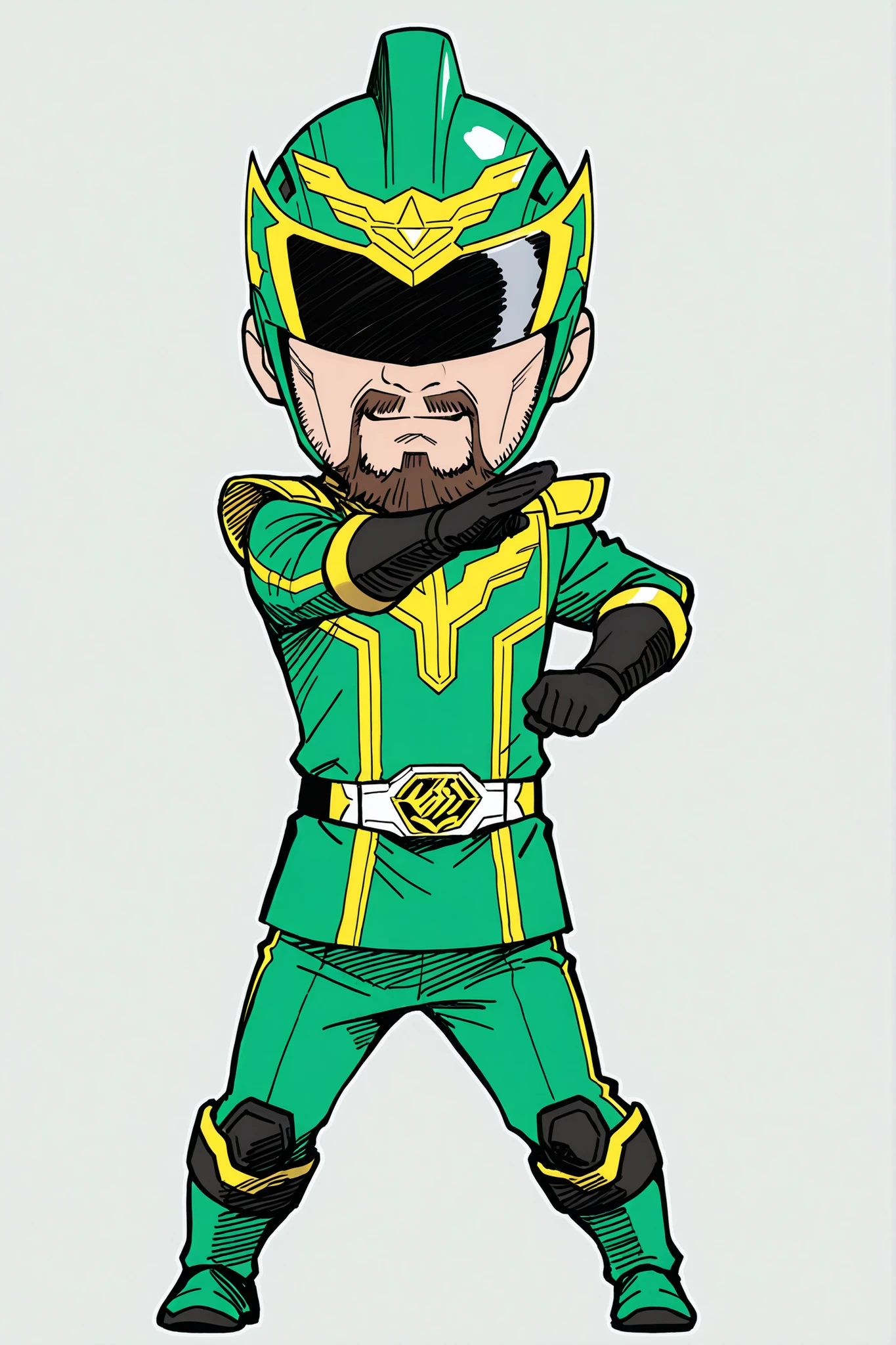 bdchibi,full body,Short, three-headed, green male 80-year-old Sentai hero, extremely skinny, sunken cheeks, poor appearance, scruffy beard, fighting pose, special effects-style green suit with gold trim, helmet with black visor, one arm stretched out in front, sturdy athletic physique, hand-drawn anime illustration, sketch-like line texture, subtle hatching, bright and clean background