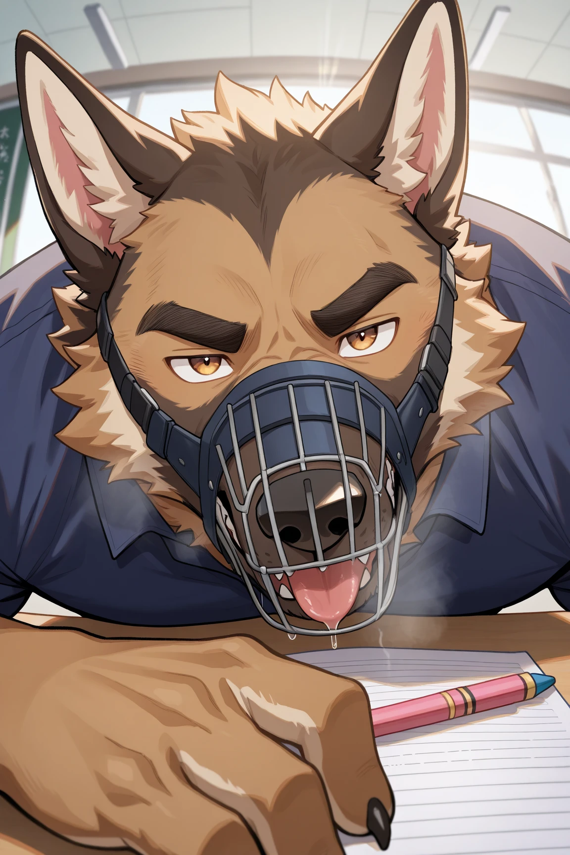 Super muscular boar beastman,Wear a uniform,Blindfold,A desperate and painful look,Mouth wide open with  sticking out,Getting  in the face by some guys,(Surrounded by huge, red and black ),(A large amount of  all over the face),Head grabbed,mouth opener gag