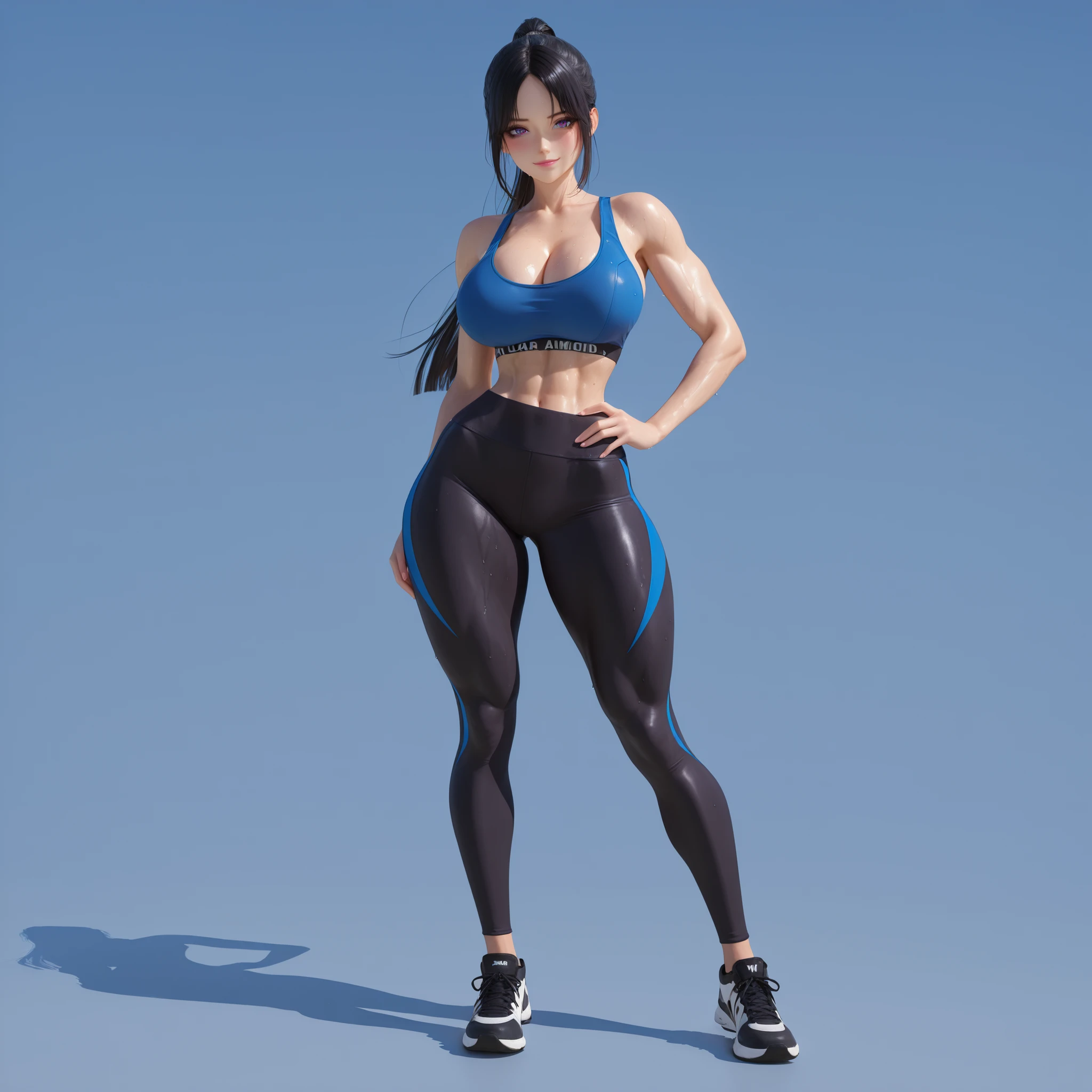 masterpiece, ultra-HD, impressionism, high detail, best quality, very aesthetic, 8K, best quality, beautiful, ultra-high resolution, 32K UHD, sharp focus, 3D, 1woman, solo, long hair, black hair, straight hair, ponytail, parted bangs, almond-shaped eyes, purple eyes, eyelashes, black eyeliner, full pink lips, makeup, , narrow waist, wide , thick thighs, shapely legs, slim, toned, blue sports bra, cleavage, black leggings, blush, smirk, cute, sweaty, hand on , standing, full body, looking at the viewer, simple background, front view