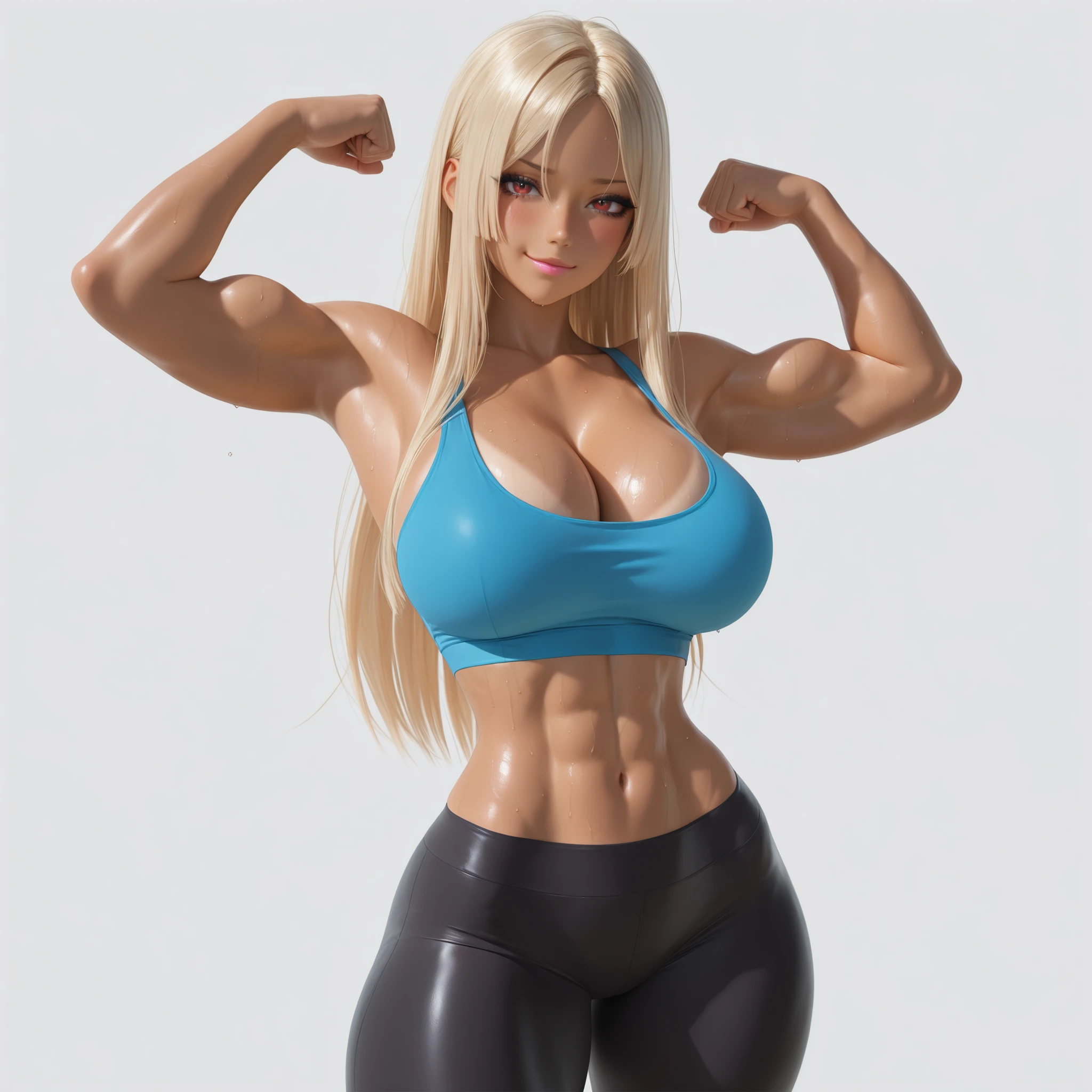 masterpiece, ultra-HD, impressionism, high detail, best quality, very aesthetic, 8K, best quality, beautiful, ultra-high resolution, 32K UHD, sharp focus, 3D, 1woman, solo, long hair, blonde hair, straight hair, loose hair, parted bangs, almond-shaped eyes, red eyes, eyelashes, black eyeliner, full pink lips, makeup, , narrow waist, wide , thick thighs, shapely legs, slim, toned, muscular, tanned skin, blue crop top, cleavage, black leggings, sweaty, blush, smirk, cute, sweaty, flexing arms, standing, looking at the viewer, simple background, front view