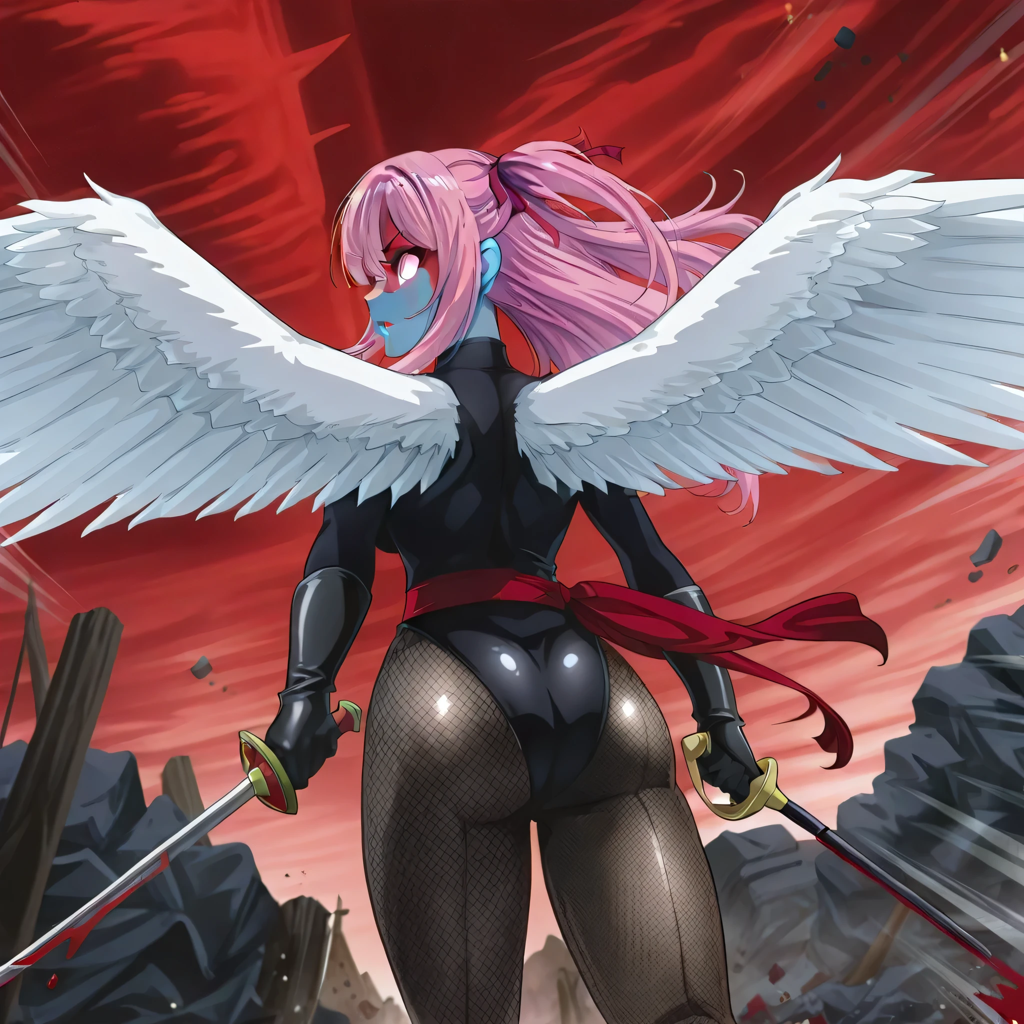 (((Masterpiece))), (((Best Quality))), ((Super Detail)), ultra-High resolution, score_9,score_8_up,score_7_up,score_6_up,score_5_up,score_4_up, BREAK, source_anime, anime screencap, uncensored, Masterpiece, (best shadow), (absurdres), (detailed background), (very aesthetic), detailed beautiful eyes, outstanding, an exquisite animation illustration, curvy, highres, shiny clothing, dark persona, empty eyes, blank eyes, shocker, black leotard, latex elbow gloves, brown fishnet pantyhose, red sash, makeup, blue skin, colored skin, red skin, (((solo, 1girl))), hair ornament, seductive pose, submissive pose, anime style, anime coloring, animification, megami magazine, sexy pose, dynamic angle, cinematic angle, dutch angle, dynamic composition, medium breast, virgo yasei no last boss, pink eyes, pink hair, long hair, two side up, angel wings, feathered wings, white wings, hair ribbon, holding sword, sword, blood splatter, gore, wind, windy, floating hair, speed lines, motion lines, ass, from back, from behind, looking from back, view from back, fighting, fighting stance, dynamic pose, action pose, incoming attack, foreshortening, attacking, battlefield, volumetric lighting, wide shot, Establishing Shot, ruin, debris, rubble, red sky, apocalyptic, medieval, fantasy,
