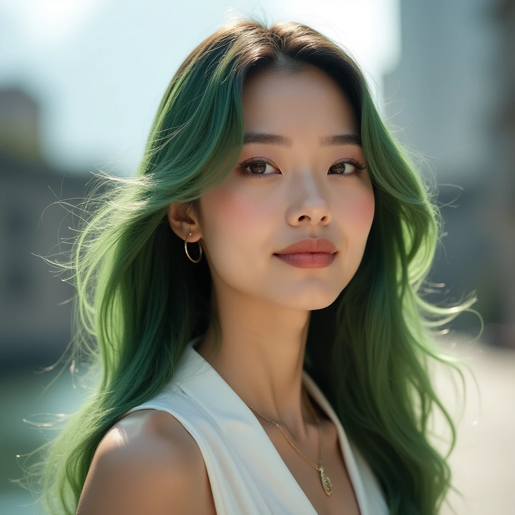 Very beautiful 20-year-old Korean girl with green hair and eyes wearing summer clothes 
