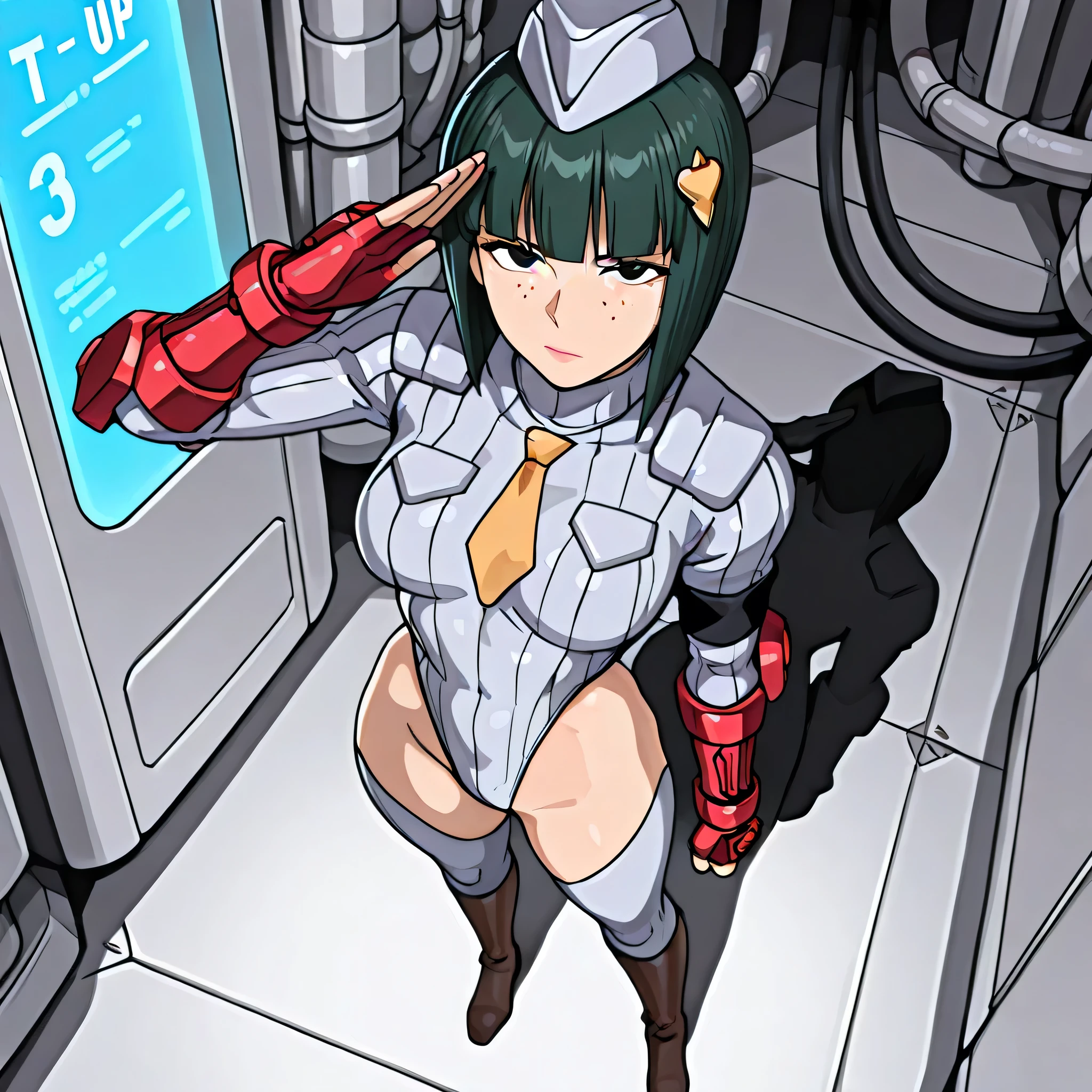 (((Masterpiece))), (((Best Quality))), ((Super Detail)), ultra-High resolution, score_9,score_8_up,score_7_up,score_6_up,score_5_up,score_4_up, BREAK, source_anime, anime screencap, uncensored, Masterpiece, (best shadow), (absurdres), (detailed background), (very aesthetic), shiny, detailed beautiful eyes, outstanding, countershading, detailed soft lighting, an exquisite animation illustration, curvy, shadaloo dolls, red gloves, hat, fingerless gloves, gauntlet, red gauntlet, leotard, cosplay, highleg, highleg leotard, garrison cap, dark persona, ribbed leotard, yellow necktie, (((solo, 1girl))), hair ornament, pose, submissive pose, anime style, anime coloring, animification, megami magazine, pose, dynamic angle, cinematic angle, dutch angle, dynamic composition, largel , connie, green hair, black eyes, bob cut, freckles, pink lips, expressionless, emotionless, full body, looking from above, from above, view from above, salute, saluting, standing, standing at attention, standing still, looking ahead, stasis tank, cable, laboratory, dark theme, horror theme, spaceship interior