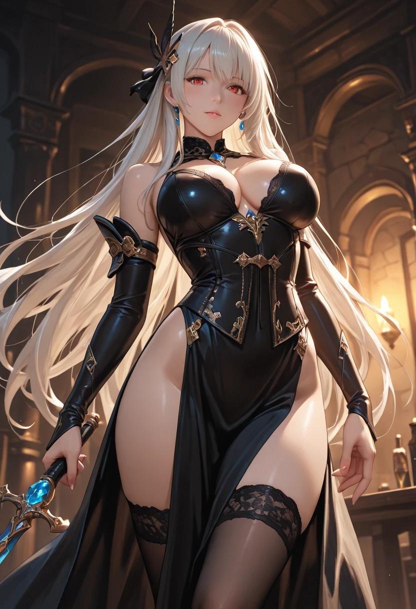 Woman knight、a beauty girl、huge ???、Excellent style、Nice Buddy、glamorous、leotard、s Armor、Bra ????? armor、knee boots、gauntlets、silber hair、Longhaire、Ahoge、、is standing、full body seen 、Possesses a sword、Contains a sword