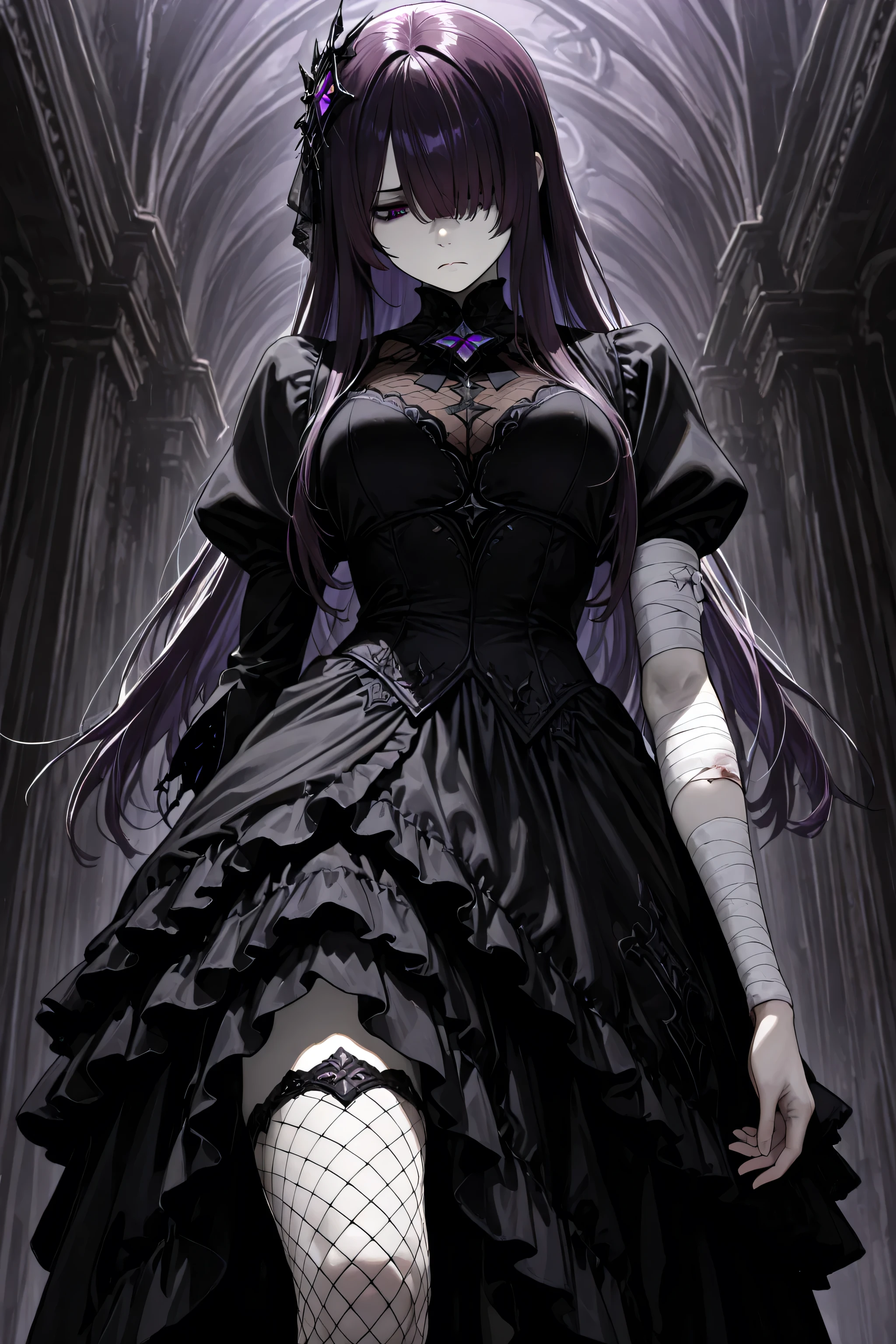 (masterpiece, detailed:1.2), 1girl, pale skin, long hair, dark purple hair, bangs, sidelocks, purple pupils, hair over one eye, hair ornament, black dress, frilled dress, juliet sleeves, heterochromia, missing limb, amputee arm, frown, fishnets, solo, standing, Looking down, Bandaged arm