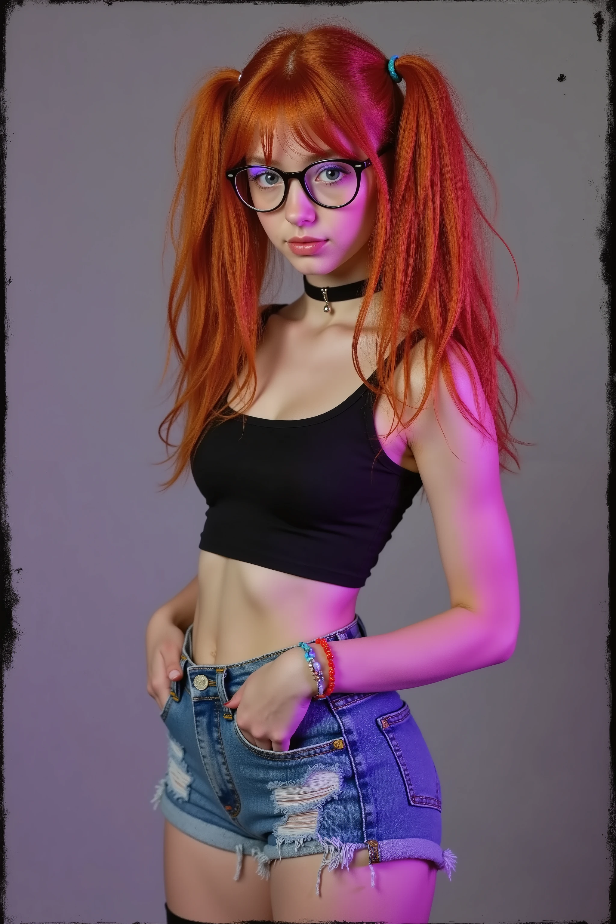 Young bouncy little thing, thigh gap ,Photography, ultra-detailed, finely detail, young girl, bright orange hair:1.4, shoulder-length orange twin tails:1.5, black eyes:1.2, glasses:1.3, middle part no bangs, loose strands of hair framing face on both sides of glasses, 80's aesthetic:1.1, neons:0.8, retro:0.9, analogue:1.1, 1 person:0.6, purple red blue and pink color scheme:0.9, glitched:1.1, digital distortion:0.9, vaporwave aesthetics:1.2, black crop top:1.3, showing midriff:1.5, low rise blue denim shorts:1.7, extra-long black thigh high socks:1.9, choker:1.4, bright colorful bracelets:1.4, 4'9":1.7, slim build:1.5, 80lbs:1.6, gritty:0.9, black and white:0.6, darkness:0.9
