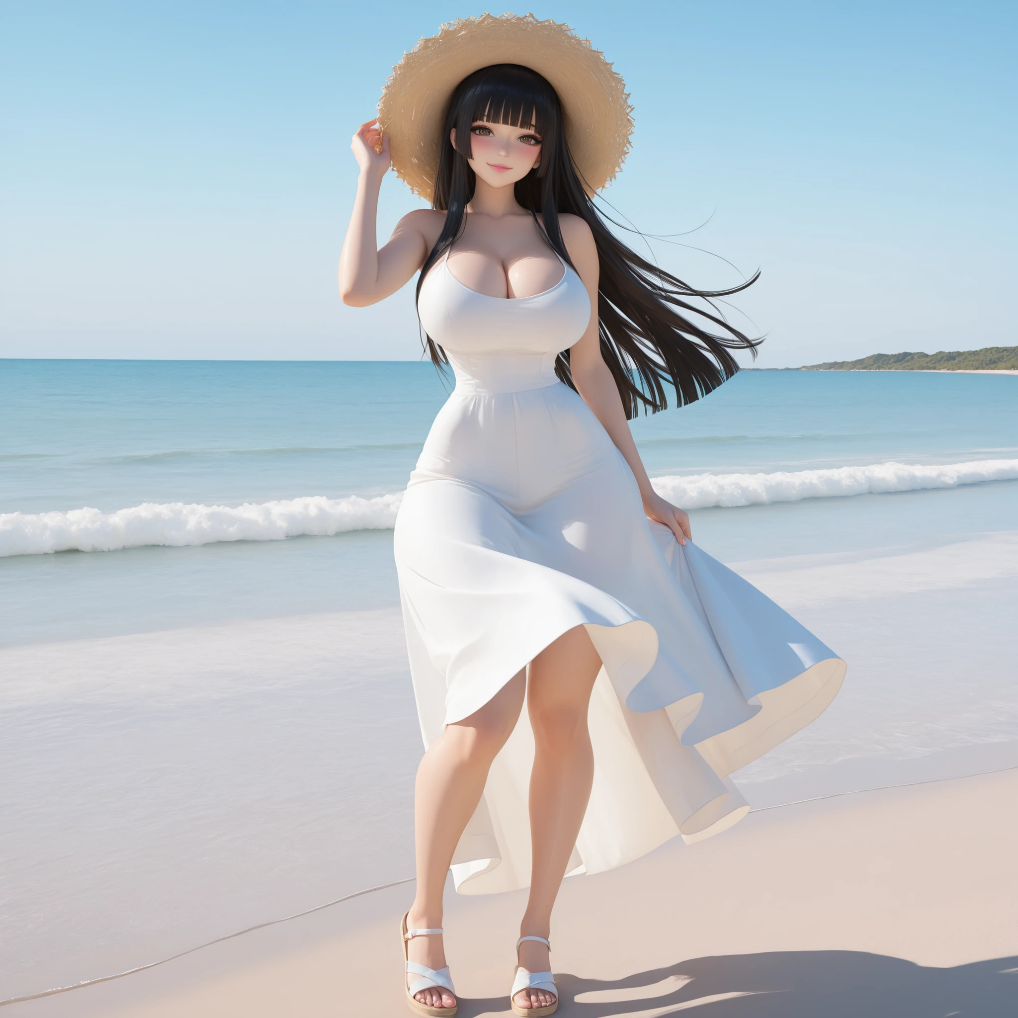 masterpiece, ultra-HD, impressionism, high detail, best quality, very aesthetic, 8K, best quality, beautiful, ultra-high resolution, 32K UHD, sharp focus, 3D, 1woman, solo, long hair, black hair, straight hair, loose hair, blunt bangs, long locks, almond-shaped eyes, brown eyes, eyelashes, black eyeliner, pink lips, makeup, , narrow waist, wide , thick thighs, shapely legs, slim, white sundress, cleavage,  shoulders, long skirt, straw hat, blush, smile, cute, holding her hat, hand on , wind waving her skirt, standing, full body, looking at the viewer, beach background, front view