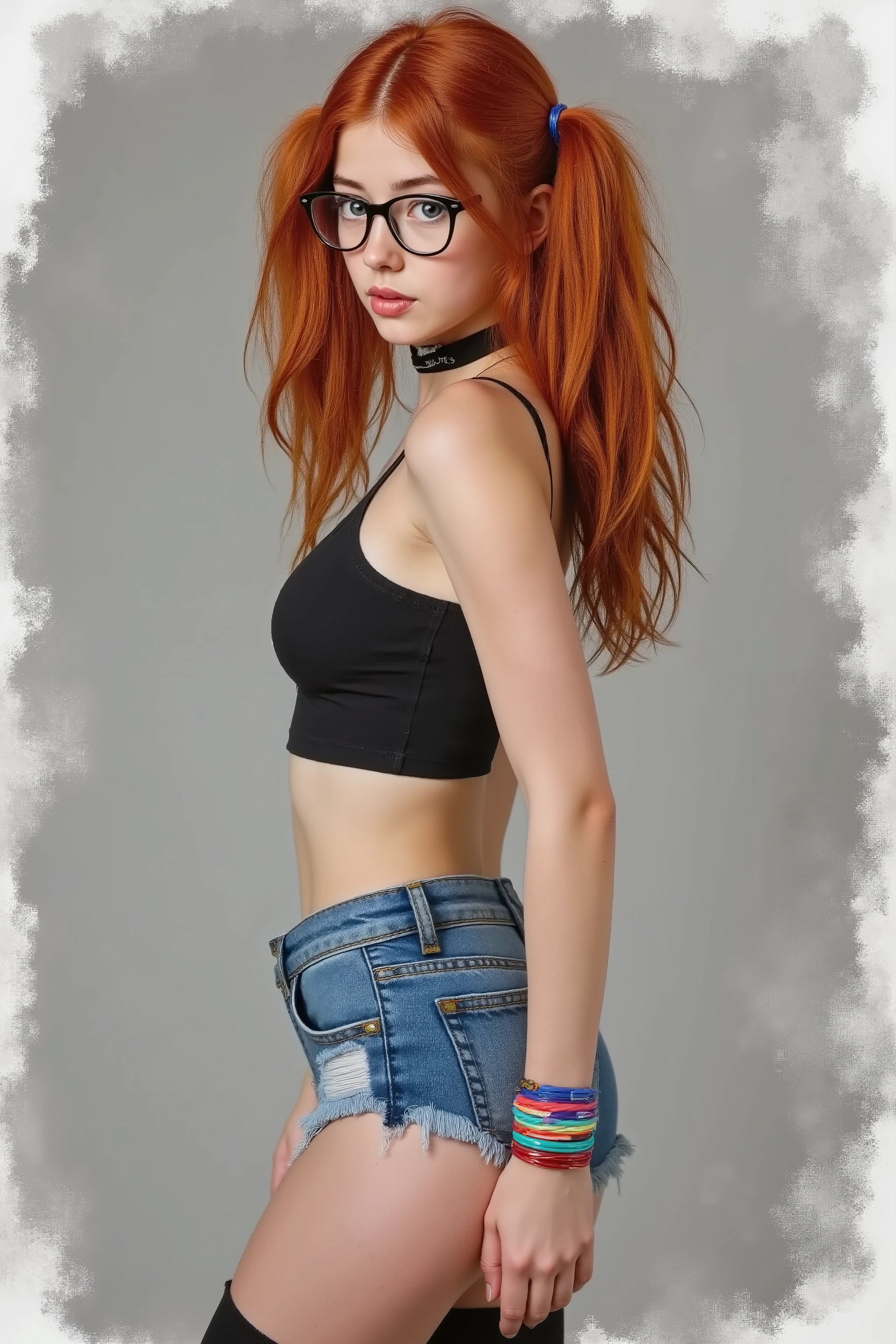 Young bouncy little tiny thing, thigh gap (skimpy clothes),Photography, ultra-detailed, finely detail, young girl, bright orange hair:1.4, shoulder-length orange twin tails:1.5, black eyes:1.2, glasses:1.3, middle part no bangs, loose strands of hair framing face on both sides of glasses, 80's aesthetic:1.1, neons:0.8, retro:0.9, analogue:1.1, 1 person:0.6, purple red blue and pink color scheme:0.9, glitched:1.1, digital distortion:0.9, vaporwave aesthetics:1.2, black crop top:1.3, showing midriff:1.5, low rise blue denim shorts:1.7, extra-long black thigh high socks:1.9, choker:1.4, bright colorful bracelets:1.4, 4'9":1.7, slim build:1.5, 80lbs:1.6, gritty:0.9, black and white:0.6, darkness:0.9