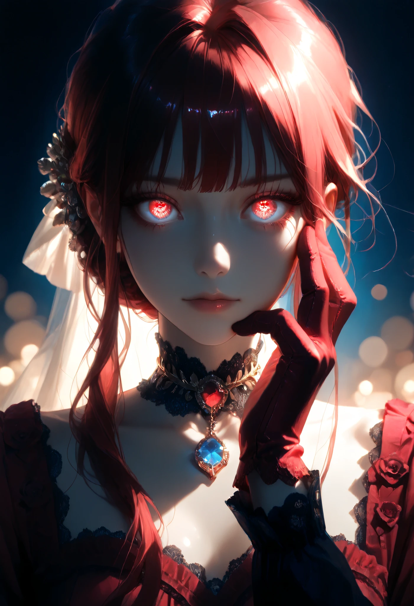 8k wallpaper, ultra highres, impeccably rendered, captivating female portrait, beautiful young woman, hair as red as sunset, elegant Victorian hairstyle, elaborate choker style Victorian, central magic sapphire, shiny gemstone, supernatural blue light, partially illuminated face, illuminated thin neck, subtle light-bathed neckline, deep melancholy look, expressive eyes, scarlet red velvet glove, detailed gold embroideries, floral patterns on the glove, hand touching cheek softly, ethereal atmosphere, stylized photograph, dramatic lighting,  dark and diffused background , romantic gothic aesthetic, Light and shadow contrast, intense dreamlike atmosphere