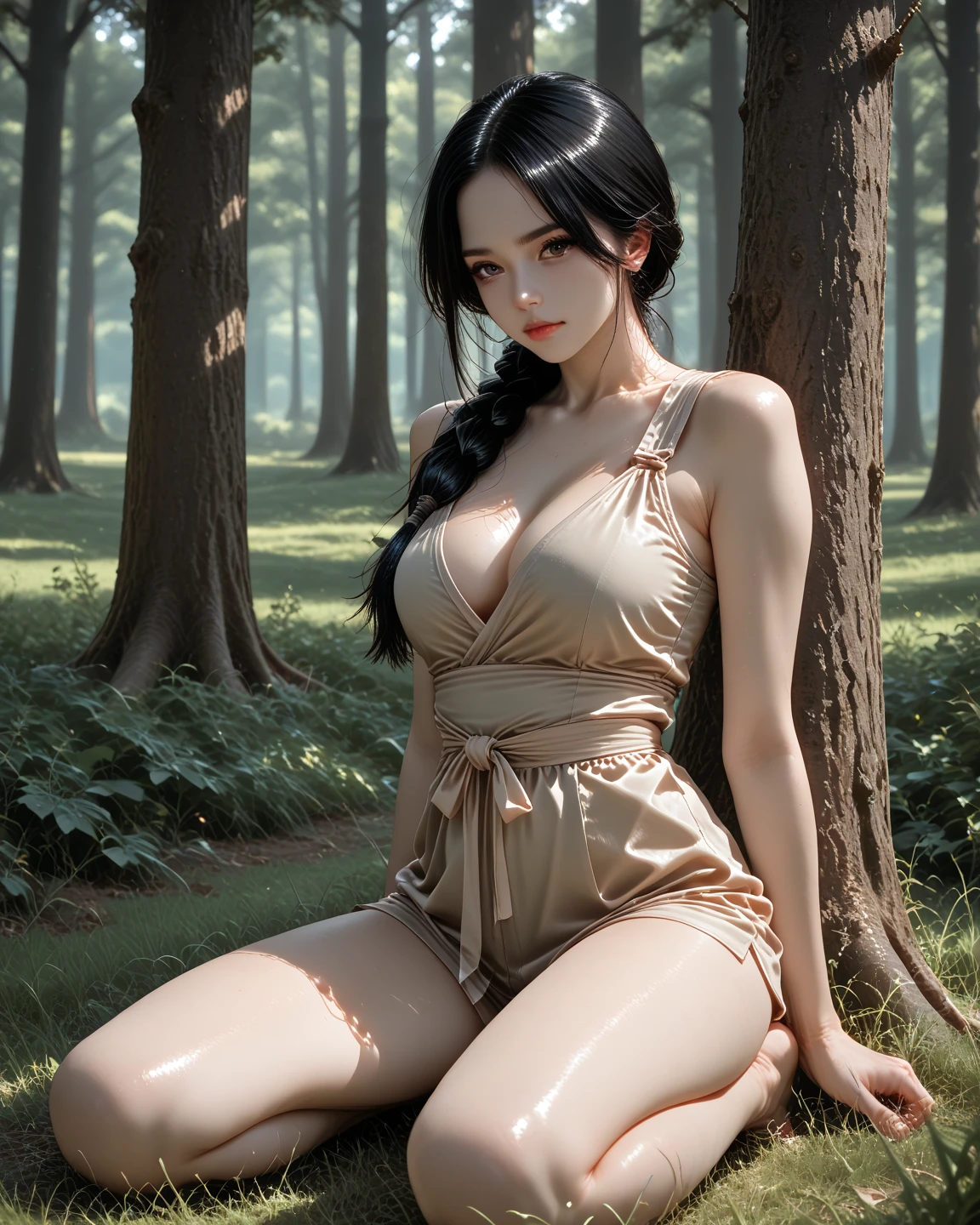 A large tree nymph with a bird in front of it.