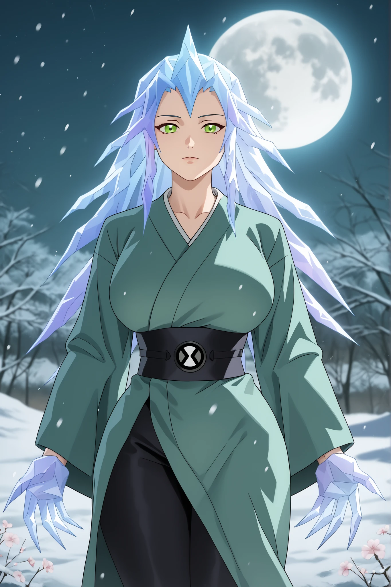 {{masterpiece, ultra-high quality, professionally detailed, professionally shaded}}, PonyXLV6_Scores, single person, 1girl, huge breasts, thick thighs, wide hips, slim waist, (ice hair, glowing hair), messy hair, green eyes, pants, black pants, kimono,green kimono, claws, ice claws, ice fingers, standing,huge breasts, closed mouth, background flower field, at night, soft light, moon in sky, snow, snowfall, snowflake, solo , focus, dark light, light on girl, shadows, blurry background,  ice hands, ice fingers, ice claws, ultra detailed breasts, black Obi, ben10,zPDXL3, belt, green robes, ((robes))