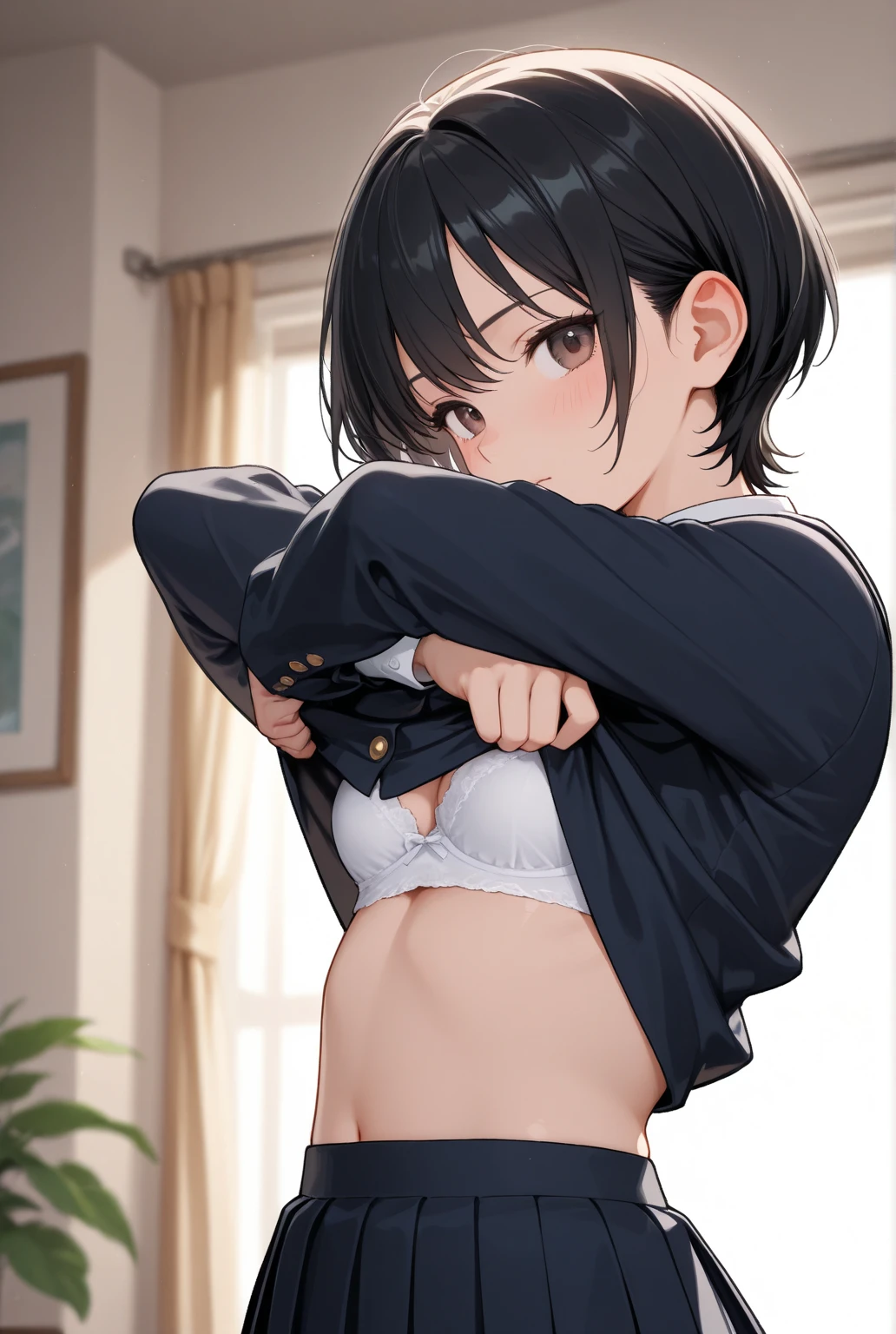 ,Perfect body,Perfect hands,School uniform,bared  chest,Haru Onodera,Beautiful breasts,small tits,Curvaceous,Evil smile,blushed face,White background,masutepiece,High resolution,Best Quality